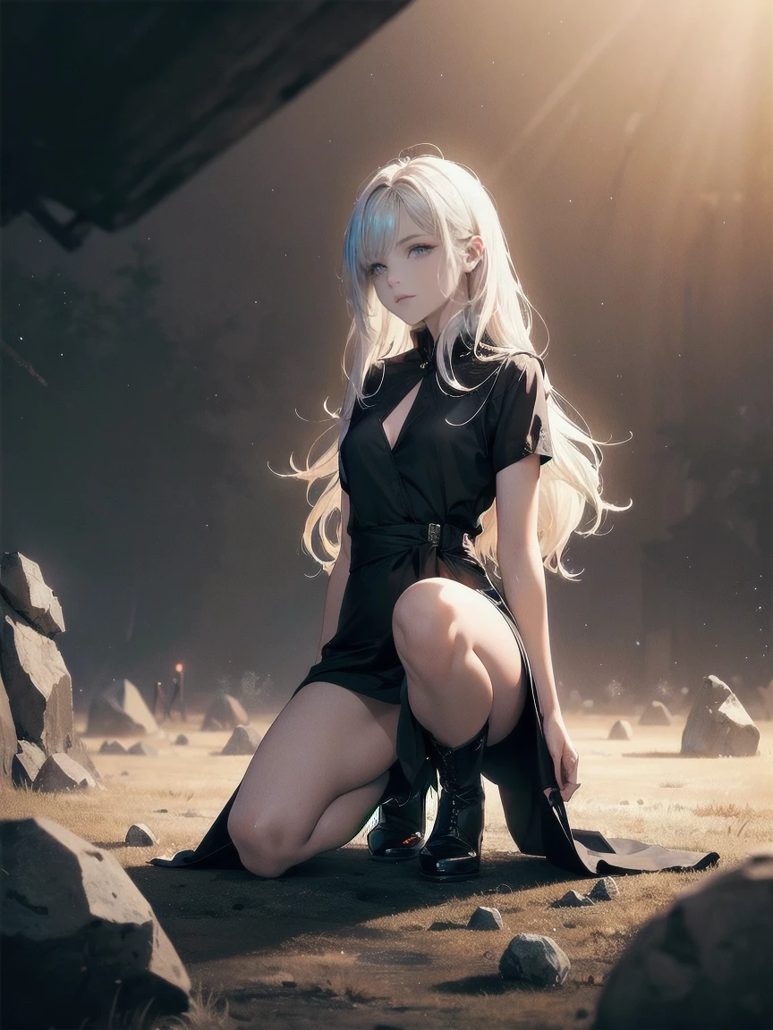 Girl with long white hair down to her waist, with small red details, red eyes, long black dress with a leg slit, with red details, long black boots up to below the knees, white skin, the ground around her is cracking and small stones are floating around her surrounded by a black aura, she is surrounded by shadows, and the background is dark like the night with the universe and stars, her presence causes fear, her shadow appears to be a monster, 8k, high quality, full body, (ultra-realistic), {extremely detailed 8k CG unit wallpaper}, expansive landscape photograph, (light: 2.0), (warm light source: 1.5), complex details, (iridescent colors: 1.5), (bright lighting), (atmospheric lighting), surreal, impressive, fantasy, (Solo: 1.2)