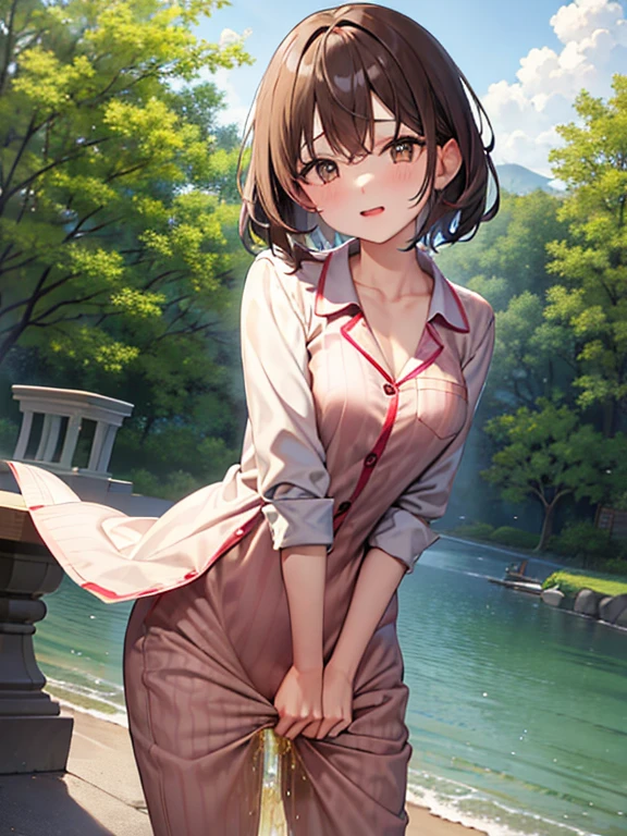 Masterpiece、high resolution、female、Brown shorthair、pajamas、((Peeing))、(((Pee)))、Embarrassing、Trouble、cry、Hold the crotch、手でHold the crotch、Spread your legs、汗、汗をかく、湿った脇