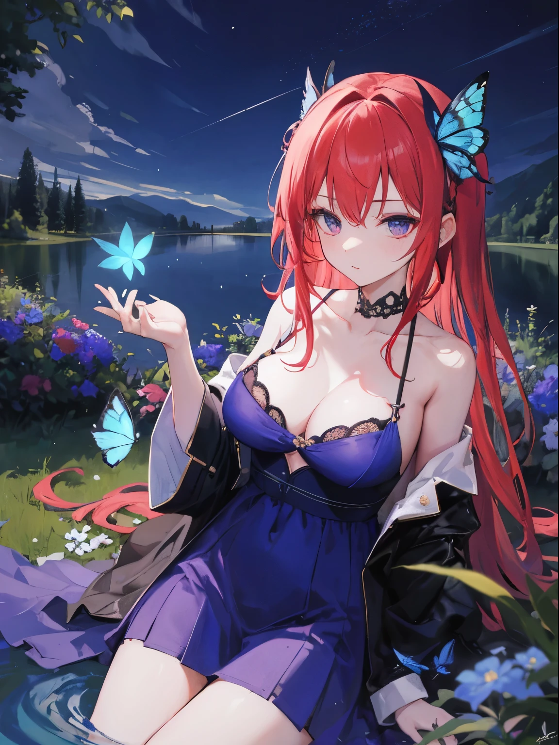 Chastille Lillqvist, An Archdemon's dilemma, loose blue dress, off shoulder, blue butterfly hair ornament, long red hair, looking as holding blue and purple flowers, evening night, near a lake, absurdres, high res, ultrasharp, 8k, masterpiece, surrounding by firefly
