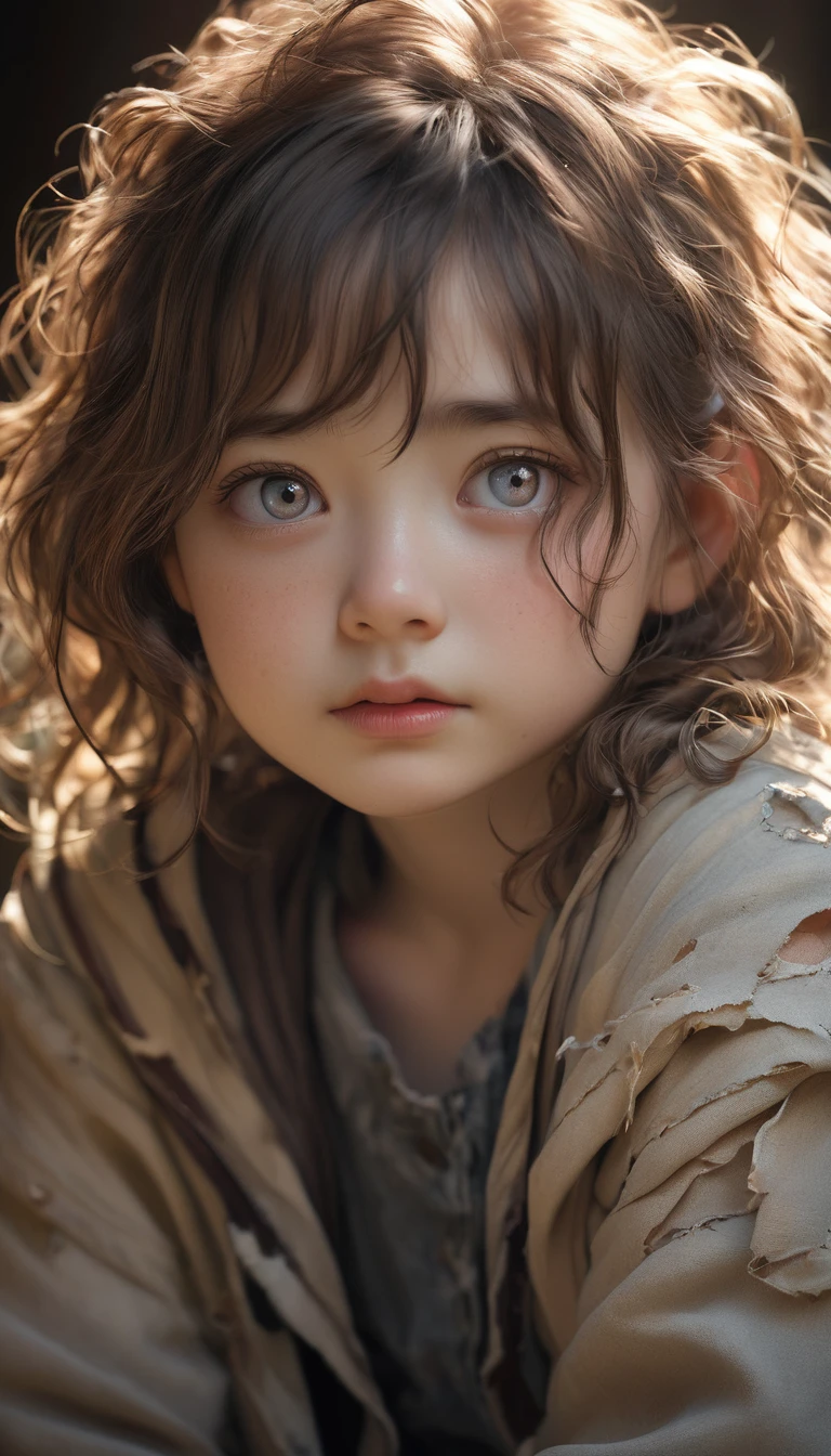 (Model shooting style), Sad little homeless girl ((Wearing old and torn clothes)), (shy), One girl, alone, Brown, curly, and messy hair, Highly detailed face, Beautiful Eyes, [Chubby], Adorable, Rosy cheeks and bright, Lonely Eyes, Amazingly beautiful, (Rembrandt Lighting), Zeiss Lenses, Ultra-realistic, (Skin with attention to detail:1.2), 8K Ultra HD, Digital SLR, Dramatic Rim Light, high quality, Fujifilm XT3,