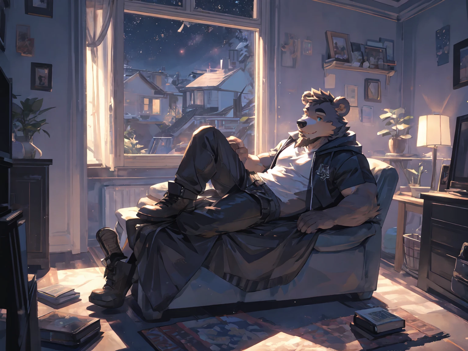 (masterpiece:1.2), best quality,pixiv,official art,perfect anatomy, (Ray tracing, light),solo, (1_male:1.3) , (muscle), (grey fur:1.4), (muscle bear), (beard:1.2), (gleaming golden eyes), bear tail, full body, Thick black eyebrows, (open short hoodie), (loose shirt inside),cargo shorts,boots,cover blanket, bedroom, lying on the sofa, french window , galaxy ,stars