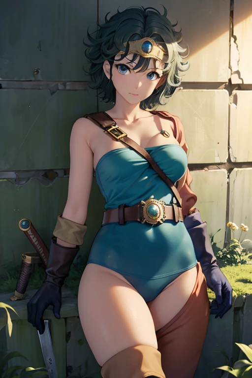 (masterpiece, Highest quality:1.1), (sheathに納められた武器, Weapon on the back, Sword on the shoulder:1.1), internal (dq3), One girl, alone, short hair, Brown Hair, blue eyes, Circlet, Large Breasts, Cleavage, Strapless, Blue clothes, Purple Cape, Knee socks, gloves, boots, belt, sheath,, knee boots, Simple Background,