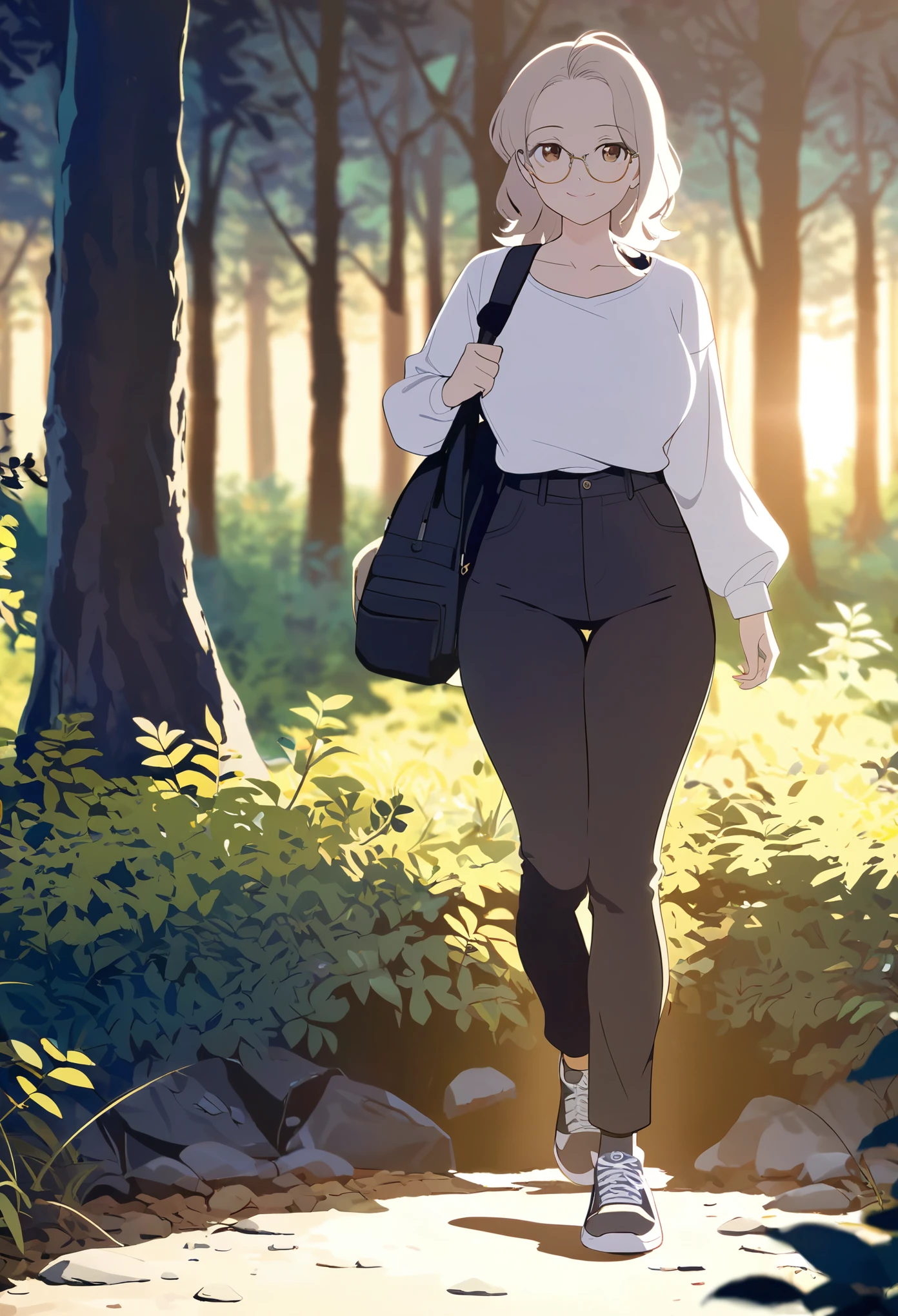 Young woman, 18 years, long light hair, Brown eyes, slightly thick thighs, Glasses, white top, black trousers, sneakers, smile, walks in the woods, evening