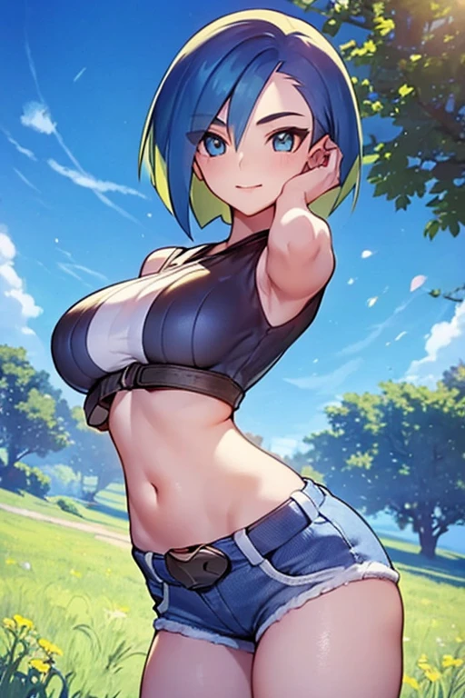 ((1girl)), perfect face, adult woman, realistic photo, beautiful face, perfect face, masterpiece, ((perrin pokemon)), blue eyes, blue hair, bob cut, multicoloured hair, (background: blue sky), (cowboy shot), slim waist, cleavage, low shorts, croptop, large breasts, multiple tops