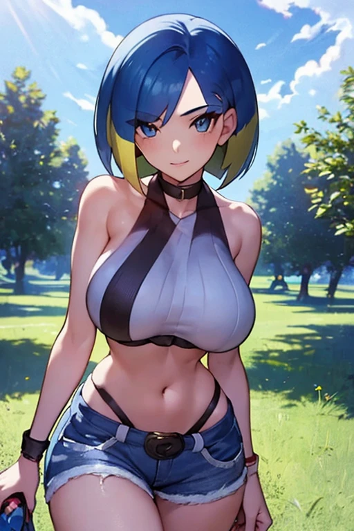 ((1girl)), perfect face, adult woman, realistic photo, beautiful face, perfect face, masterpiece, ((perrin pokemon)), blue eyes, blue hair, bob cut, multicoloured hair, (background: blue sky), (cowboy shot), slim waist, cleavage, low shorts, croptop, large breasts, multiple tops