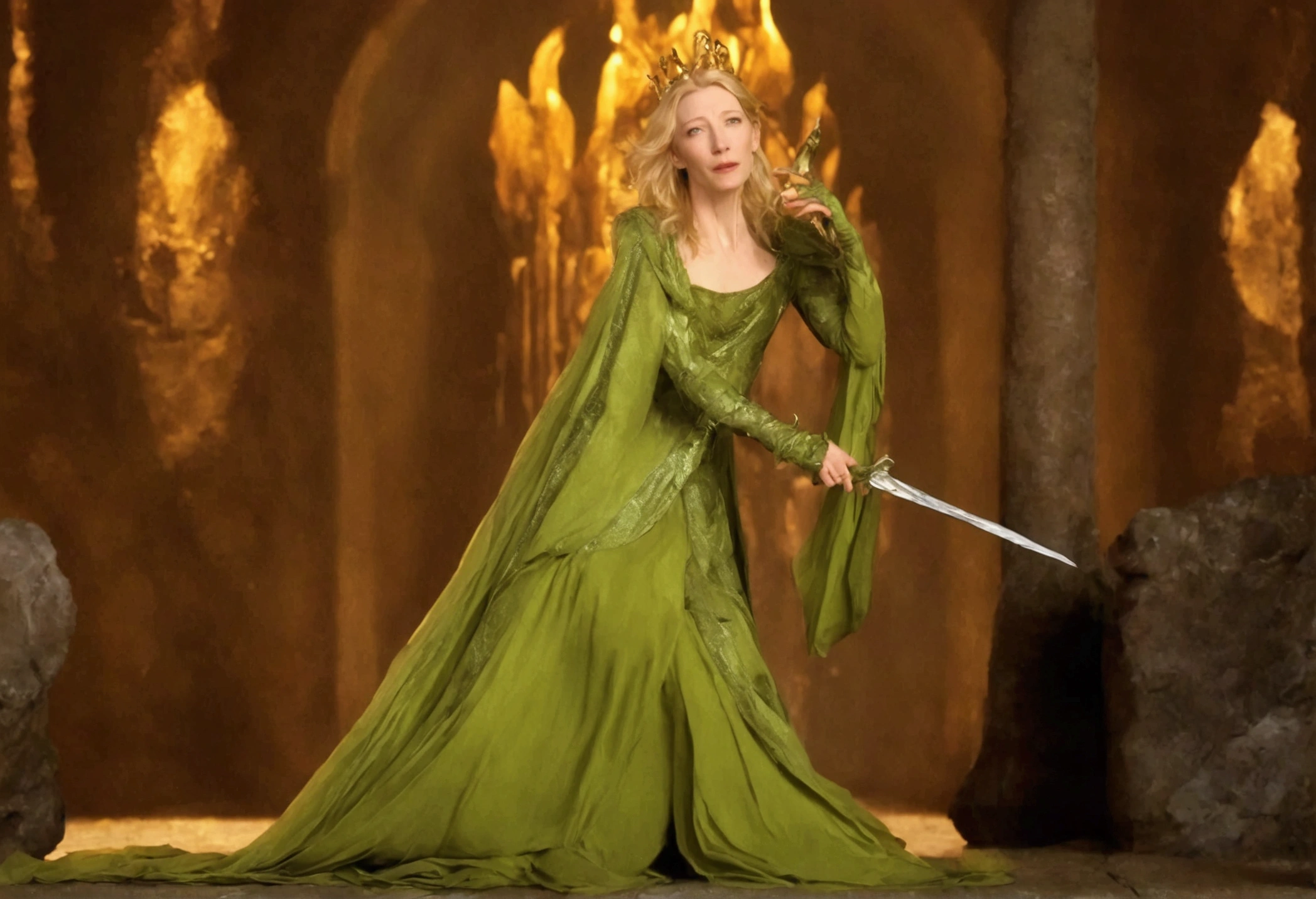 Cate Blanchett, age 25, is in costume as Princess Daphne from video game Dragon's lair. Damsel in distress, dramatic poses, overly sexual, dangerous dungeon setting