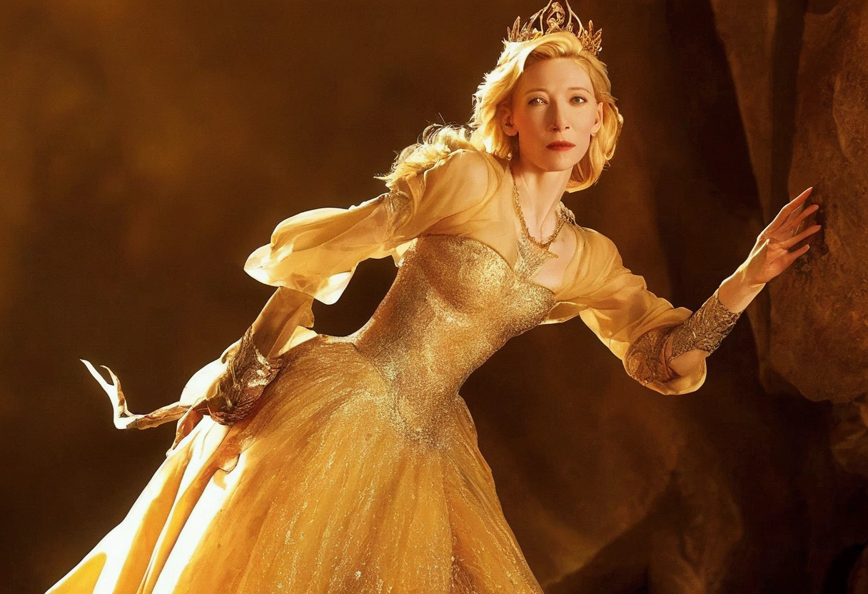 Cate Blanchett, age 25, is in costume as Princess Daphne from video game Dragon's lair. Damsel in distress, dramatic poses, overly sexual, dangerous dungeon setting