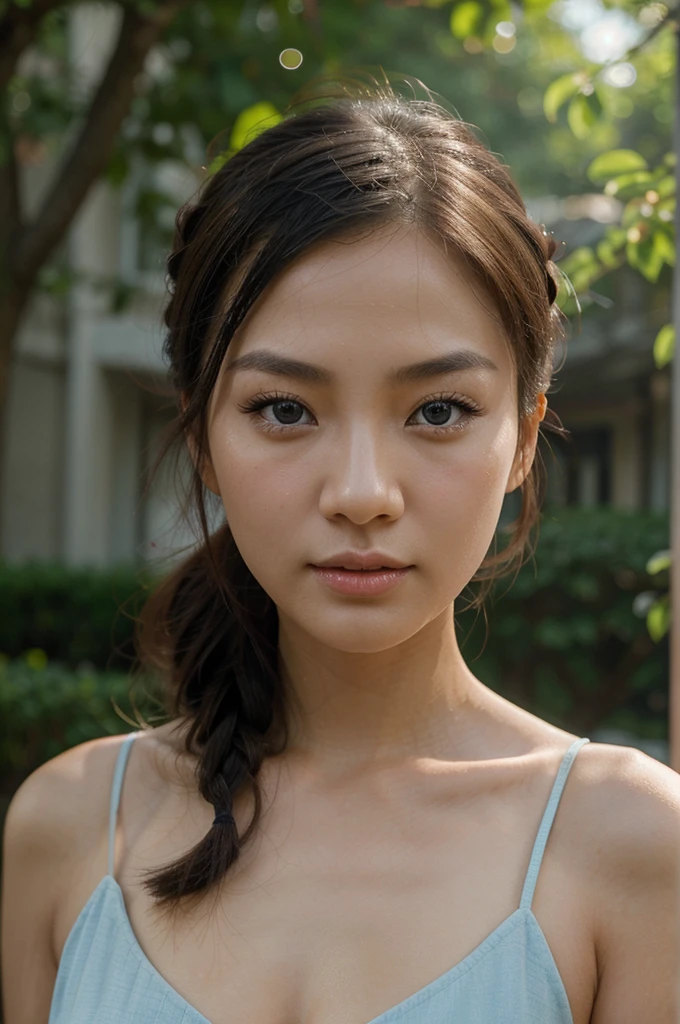 Create a realistic portrait of a woman of Chinese descent. She has large, almond-shaped blue eyes, which are a sign of Chinese beauty. Her facial features should be delicate, with smooth skin and a serene expression. Her hair is tied back, ensuring her face is fully visible and unobstructed. The background should be plain to keep the focus on her face, which should be well-lit to show clear details. The photo should be in portrait orientation, and the overall appearance should be elegant and refined.