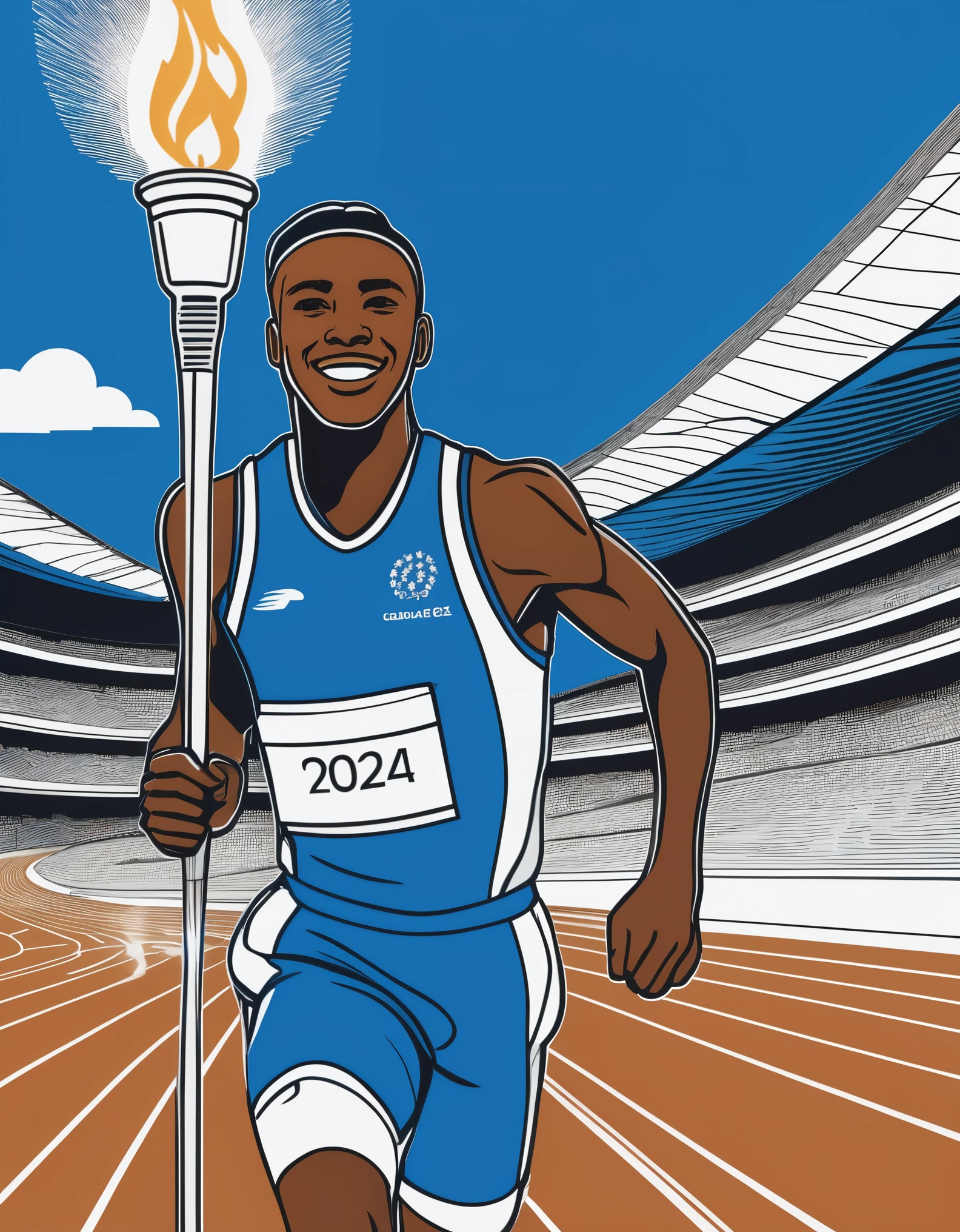 ((Stamp design))，Blue line drawing，Line Art，Blue pen drawing，2024 Paris Olympics，A person wearing an Olympic Games uniform holding a torch and running on the track, smiling and facing the camera，Panorama close-up，Best quality，Best Work of the Year，