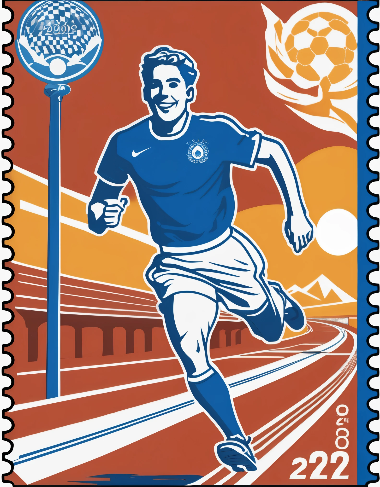 ((Stamp design))，Blue line drawing，Line Art，Blue pen drawing，2024 Paris Olympics，A person wearing an Olympic Games uniform holding a torch and running on the track, smiling and facing the camera，Panorama close-up，Best quality，Best Work of the Year，