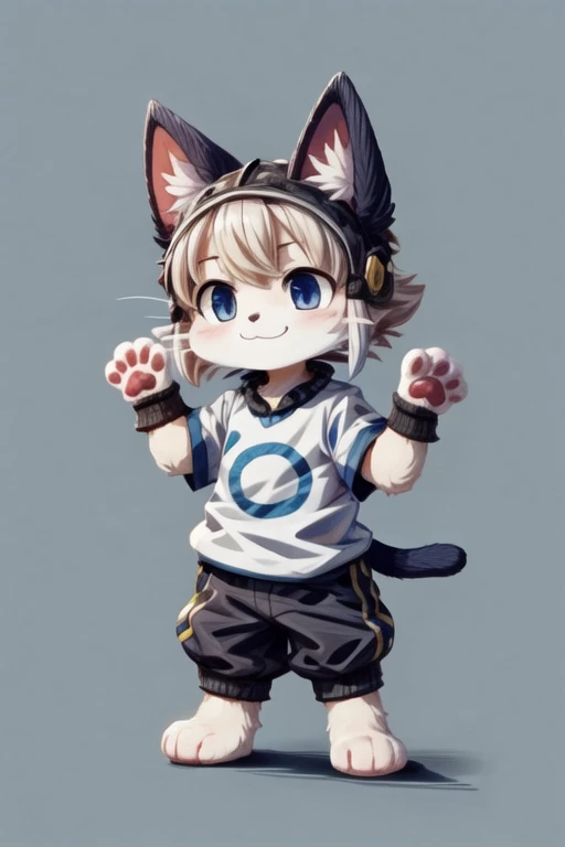 score_9, score_8_up, score_7_up, with Short sleeves , fake animal ears, animal ears, cat ears, paw gloves, cat paws, paw pose, smile, standing, simple background