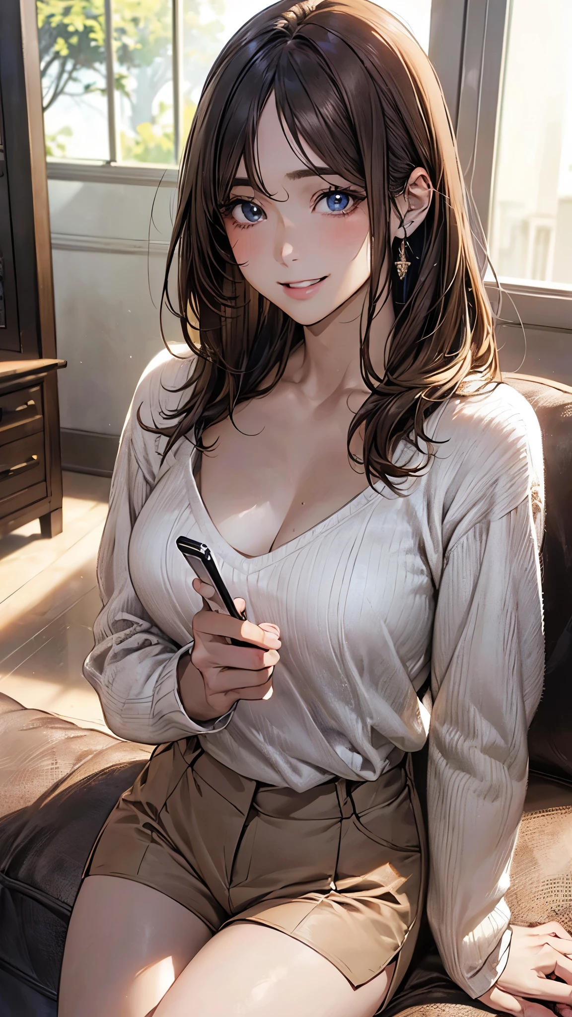 (masterpiece:1.2, top-quality), (realistic, photorealistic:1.4), beautiful illustration, (natural side lighting, movie lighting), depth of fields, (photograph),
beautiful detailed hair, beautiful detailed face, beautiful detailed eyes, beautiful clavicle, beautiful body, beautiful chest, beautiful thigh, beautiful legs, beautiful fingers,
looking at viewer, 1 girl, 19 years old, (perfect anatomy, anatomically correct, super detailed skin), perfect face, parfect eyes, cute and symmetrical face, face,
(middle hair, straight hair, light brown hair), swept bangs, blue eyes, slant eyes, big eyes, long eye lasher, (medium breasts, seductive thighs), slender, white skin, shiny skin,
(middle sleeve white sweater, light brown tailored shorts), clavicle,
(beautiful scenery), evening, (living room:1.2,), sitting blue sofa, (holding a phone), (lovery smile, upper eyes, parted lips),