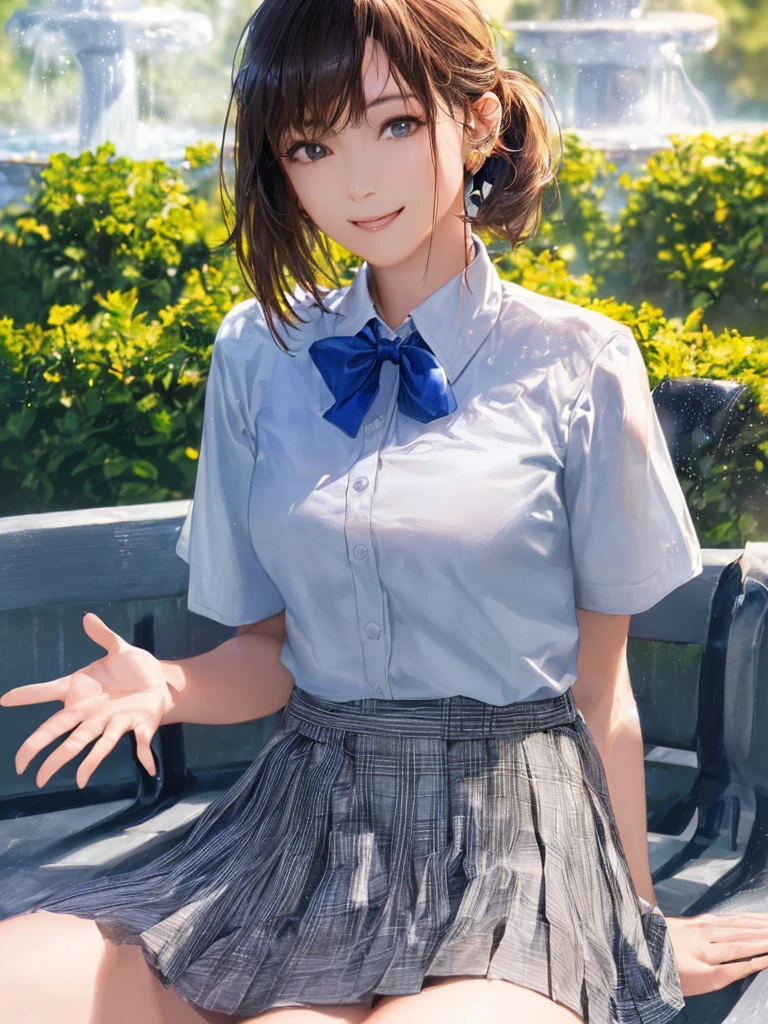 (Highest quality、8k、32K、masterpiece)、(Realistic)、(Realistic:1.2)、(High resolution)、Very detailed、Very beautiful face and eyes、(((Women's Solo Shot)))、Tight waist、(Highest quality、Attention to detail、Rich skin detail)、(Highest quality、8k、Oil paints:1.2)、(Realistic、Realistic:1.37)、Bright colors、(((Cowboy Shot)))、(((Bob Hair)))、(((Medium Hair)))、(((Side Ponytail)))、(((He has a happy face.)))、((smile))、(((Brown Hair)))、((Collared short-sleeved shirt, White shirt, , Grey plaid pleated skirt, Blue checked bow tie), )、(((Park during the day)))、(((Waving both hands)))、(((There is a fountain)))、(((Sit on a bench)))、