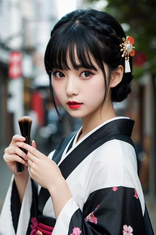 1girl, solo, looking_at_viewer, black_hair, hair_ornament, photoshop_(medium), holding, upper_body, japanese_clothes, kimono, black_eyes, blurry, lips, book, makeup, blurry_background, lipstick, staff, realistic, photo_(medium), hair_stick, comb