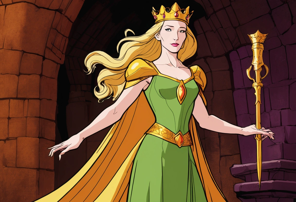 Cate Blanchett, age 25, is in costume as Princess Daphne from video game Dragon's lair. Damsel in distress, dramatic poses, overly sexual, dangerous dungeon setting