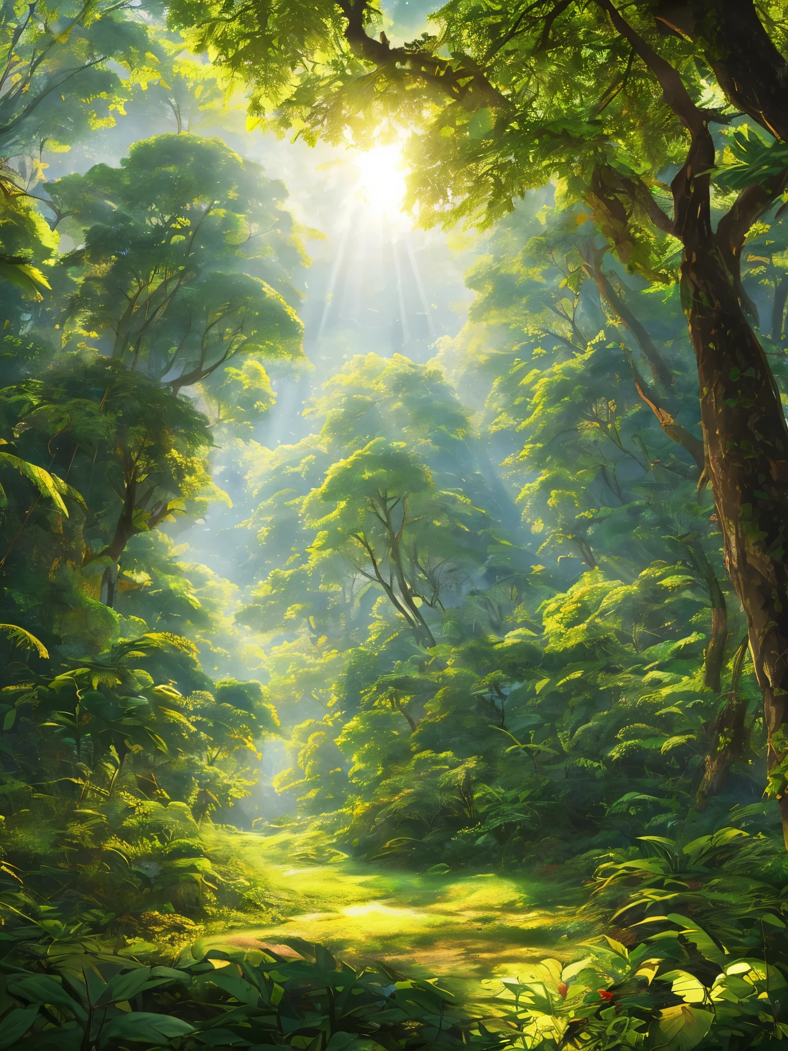 A detailed and Complex digital illustration of a dense jungle full of exotic flora and fauna, (Highest quality,4K,8k,High resolution,masterpiece:1.2),超detailedな,(Realisticな,fotoRealisticな,fotoRealisticな:1.37),colorful, Bright colors,Jungle environment, The sunlight filtering through the treetops creates a dappled pattern.. Yoshitaka Amano and Hayao Miyazaki style, masterpiece, ratio, detailed, Art Station Trends, Beautiful lighting, Realistic, Complex, Awards, 4K, Highest quality