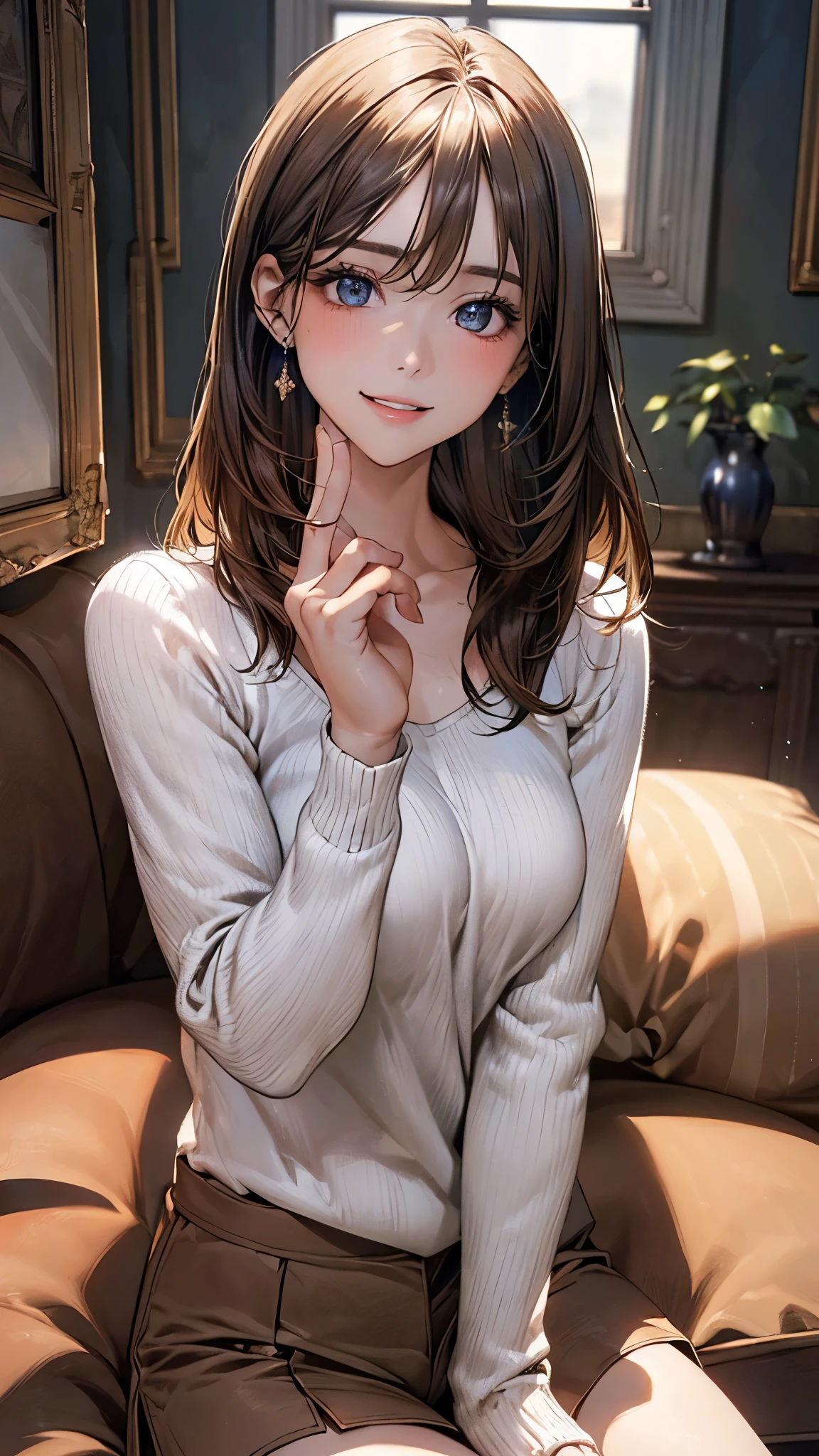 (masterpiece:1.2, top-quality), (realistic, photorealistic:1.4), beautiful illustration, (natural side lighting, movie lighting), depth of fields, (photograph), 
beautiful detailed hair, beautiful detailed face, beautiful detailed eyes, beautiful clavicle, beautiful body, beautiful chest, beautiful thigh, beautiful legs, beautiful fingers, 
looking at viewer, 1 girl, 19 years old, (perfect anatomy, anatomically correct, super detailed skin), perfect face, parfect eyes, cute and symmetrical face, babyface, 
(middle hair, straight hair, light brown hair), swept bangs, blue eyes, slant eyes, big eyes, long eye lasher, (medium breasts, seductive thighs), slender, white skin, shiny skin, 
(middle sleeve white sweater, light brown tailored shorts), clavicle, 
(beautiful scenery), evening, (living room:1.2,), sitting blue sofa, (holding a phone), (lovery smile, upper eyes, parted lips), 