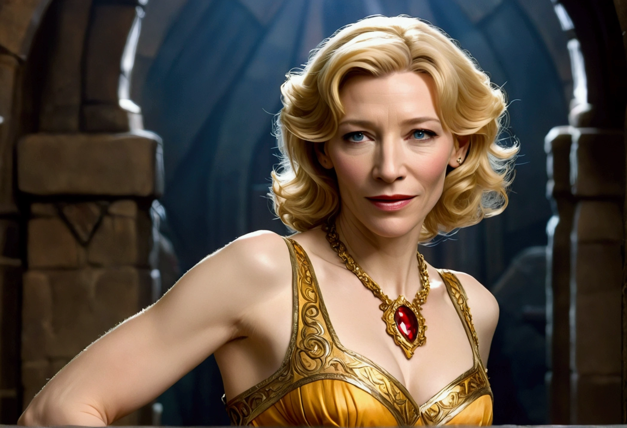 Cate Blanchett, age 25, is in costume as Princess Daphne from video game Dragon's lair. Damsel in distress, dramatic poses, overly sexual, dangerous dungeon setting
