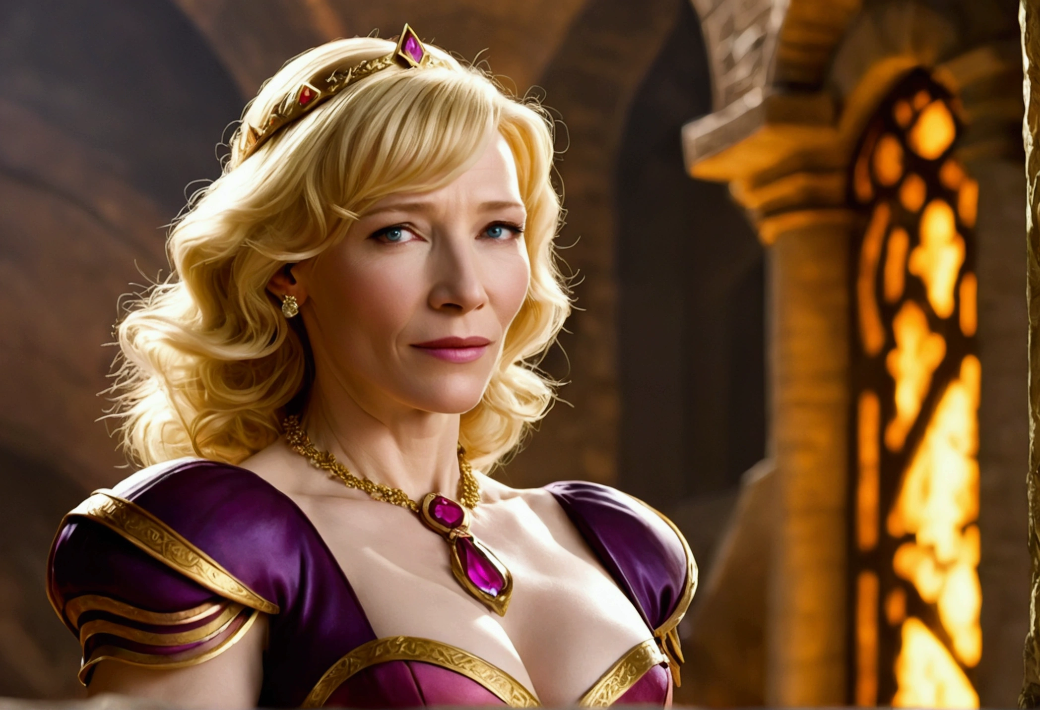 Cate Blanchett, age 25, is in costume as Princess Daphne from video game Dragon's lair. Damsel in distress, dramatic poses, overly sexual, dangerous dungeon setting