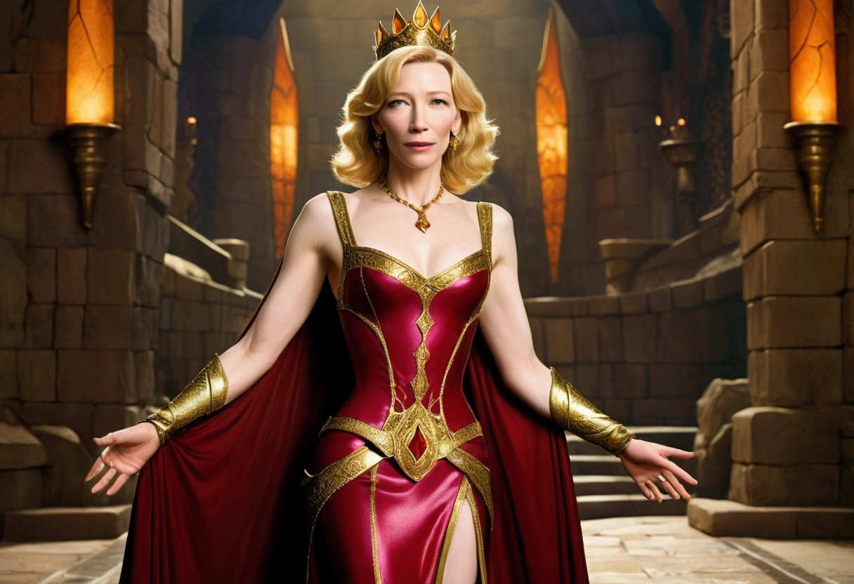 Cate Blanchett, age 25, is in costume as Princess Daphne from video game Dragon's lair. Damsel in distress, dramatic poses, overly sexual, dangerous dungeon setting
