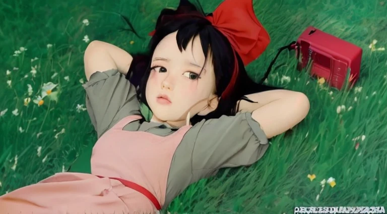 Black Hair:At shoulder length、A little disheveled。
Red ribbon:髪を束ねているRed ribbonをしている。
expression:リラックスしたexpressionで、Looking up at the sky。
Costume:Wearing a pink one-piece、Grey sleeves and collar。
Pause:Lying on his back on the grass。
background:Lying on the grass、Wildflowers blooming all around。
Small items:To her right is a red radio.。
photograph,8k,Highest quality,Best details