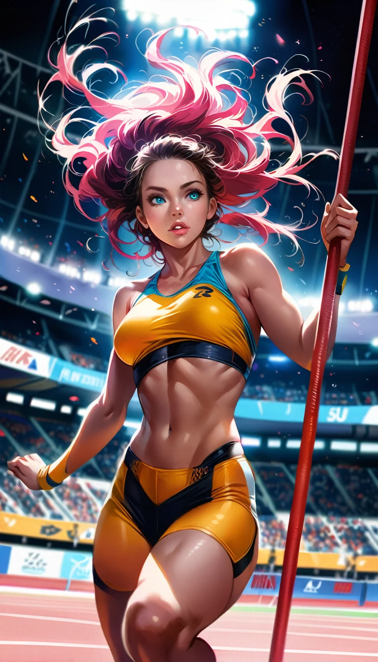beautiful sportswoman pole vaulting, high flying over the pole, 1girl, detailed face, detailed eyes, detailed lips, beautiful detailed athlete, dynamic motion, mid-air pose, athletic physique, sports arena, dramatic lighting, cinematic composition, vibrant colors, hyperrealistic, 8k, photorealistic, physically-based rendering, masterpiece