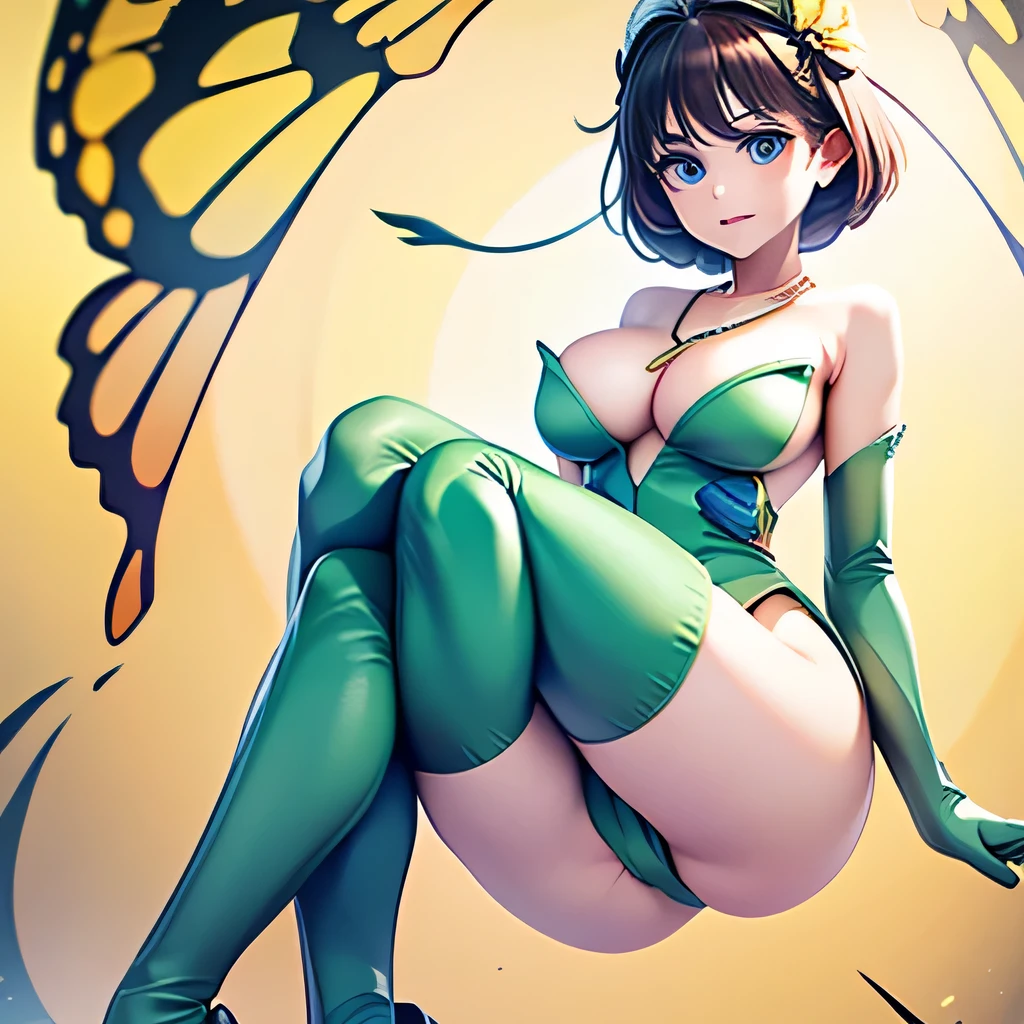  ((masterpiece,best quality,ultra-delicate,Perfect Face,16k,high resolution,very beautiful woman)),yellow butterfly wings on the head,brown medium short hair,black hair ornaments:1.2,green leotard,green long boots ,green long arm gloves, large breasts,gold necklace,cowboy shot,black hair ornaments