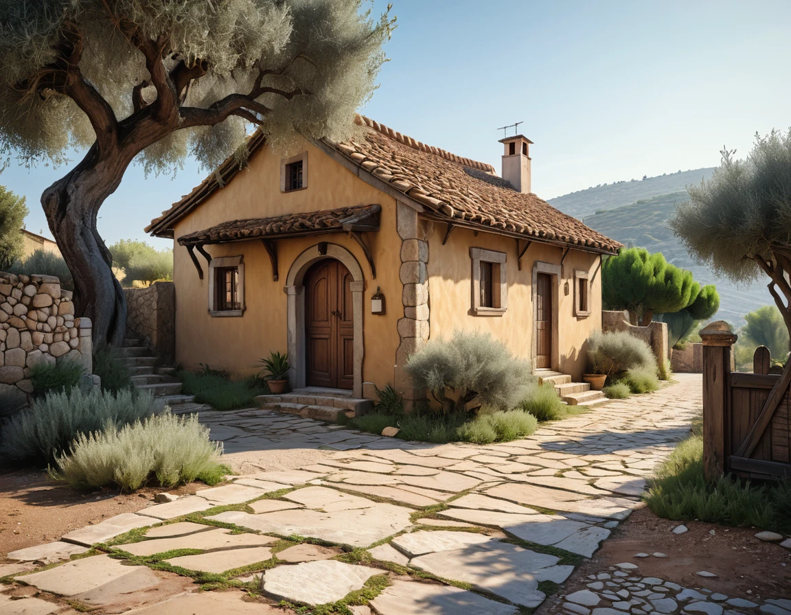 medium shot close up of an old small urban polished stone house shaded by an olive tree with a brown roof, the house stands behind a weathered concrete wall with wooden gate and a worn and cracked asphalt path and half-covered with gravel at the ends along a depression with a dirt way below, right proportion, perfect composition, high hill in the background, cinematic, midday, fantasy house, cinematic, extremely detailed, stylized 3d render, stylized 3d rendering, beautiful fairytale render, amazing, rustic architecture, beautiful 3d render, hyper-maximalism, vray tracing, octane render, hdr, 32k,(masterpiece), best quality