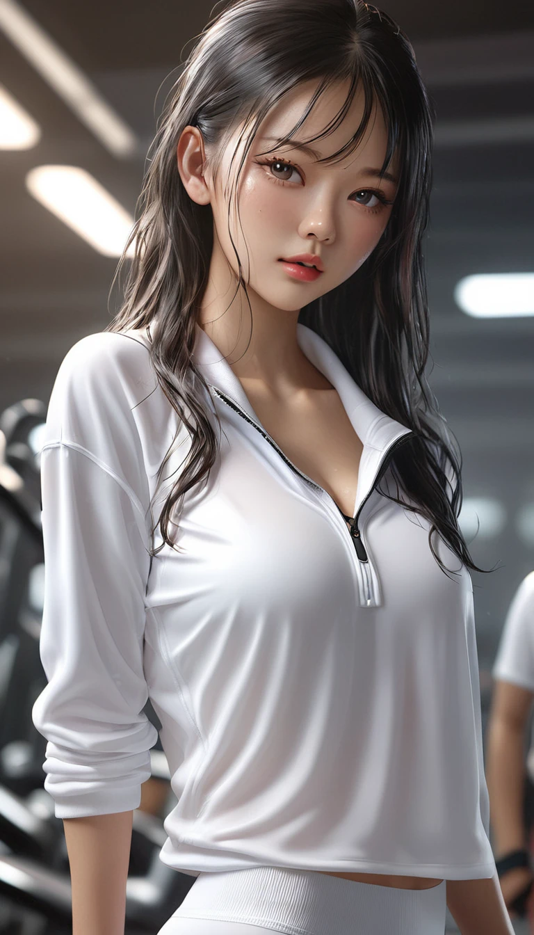 Jennie Kim in wet white gym wear, Wet white shirt, Realistic, 4k Realistic, Soft lighting, detailed, Real Full HD
