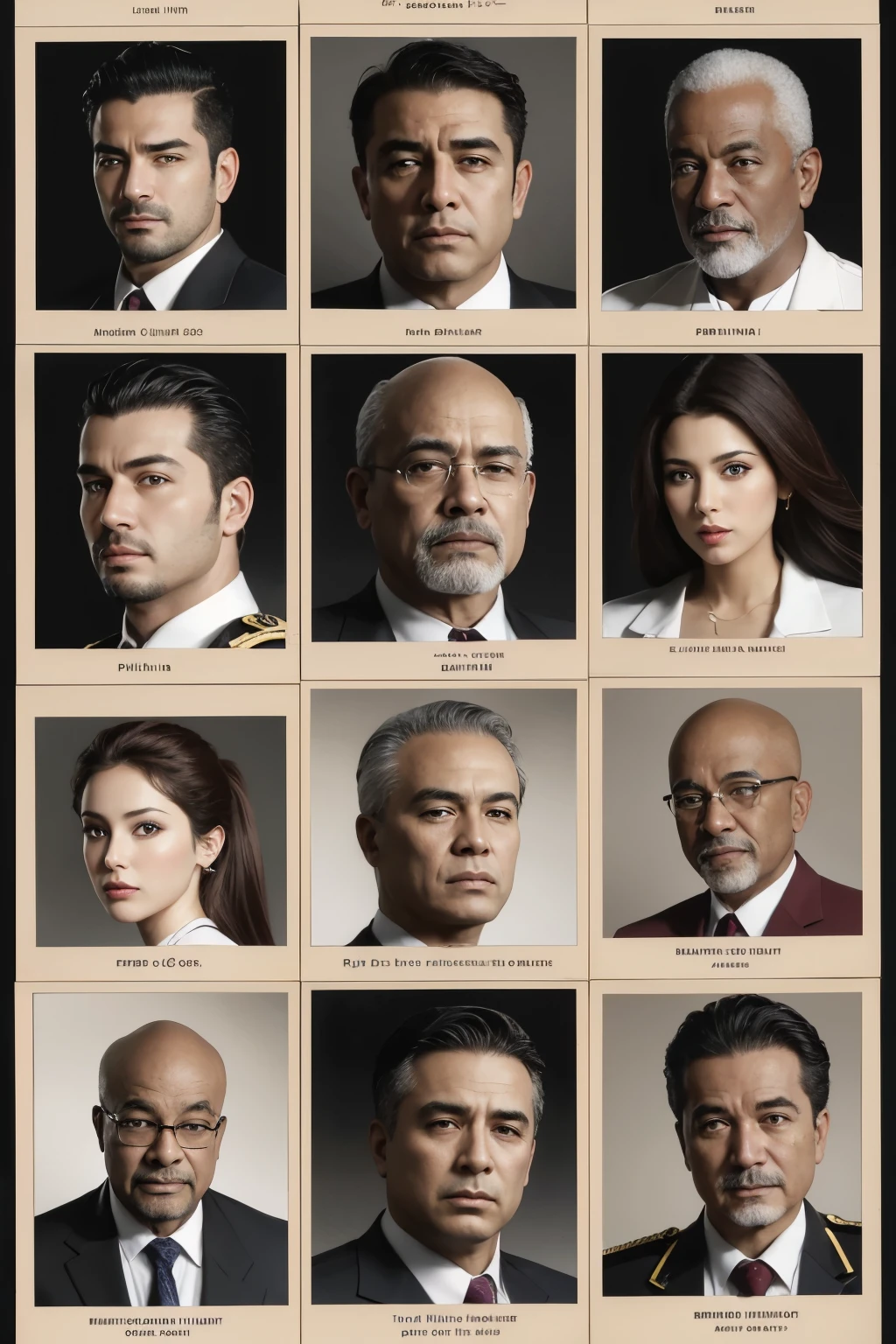 Create a storyboard to compose the characters for a drama film. The drawing must contain frames with only the frontal face of the characters in two periods: 1988 and 2012. Character 1, maroon, black male, aged 50, an ex-convict; Character 2, Luciana, Caucasian female, aged 50, a police major; Character 3, Balthazar, mature man, 75 years, a trader of foreign origin (Arabic, Syrian or Turkish); Character 4, Nelson, in 1988, young addict aged 30 and in 2012, a doctor with a thin beard at 55; Character 5: Paulina, young woman, aged 28 in 2012, military police lieutenant.