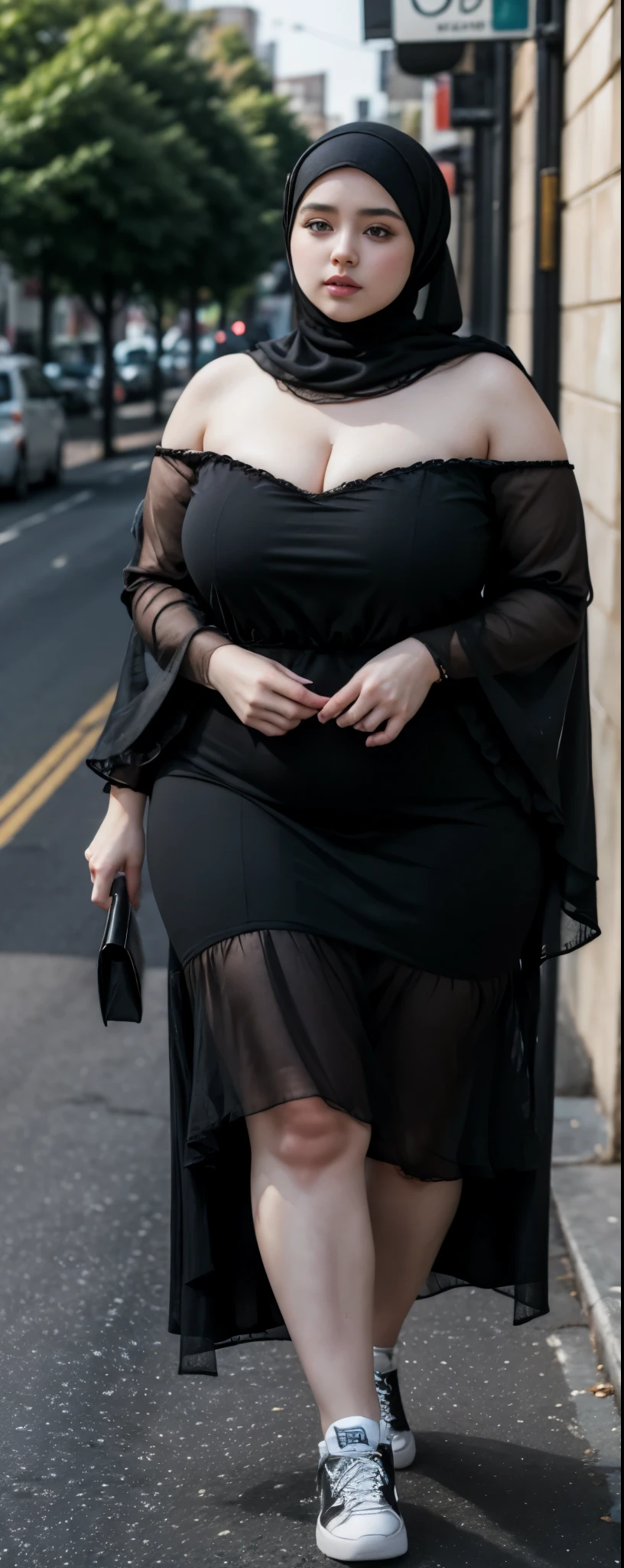Milky white skin woman in black dress and hijab walking down the street, , hijab outfit, , hijab fashion model, plus size, plus size woman, , woman in black robes, beautiful woman, thicc, black outfit,, bbwchan , white sneakers , Height 170 cm, beautiful woman, with a beautiful appearance, a very beautiful masterpiece, a masterpiece of art, good lighting, Bright colors, Clean lines, .