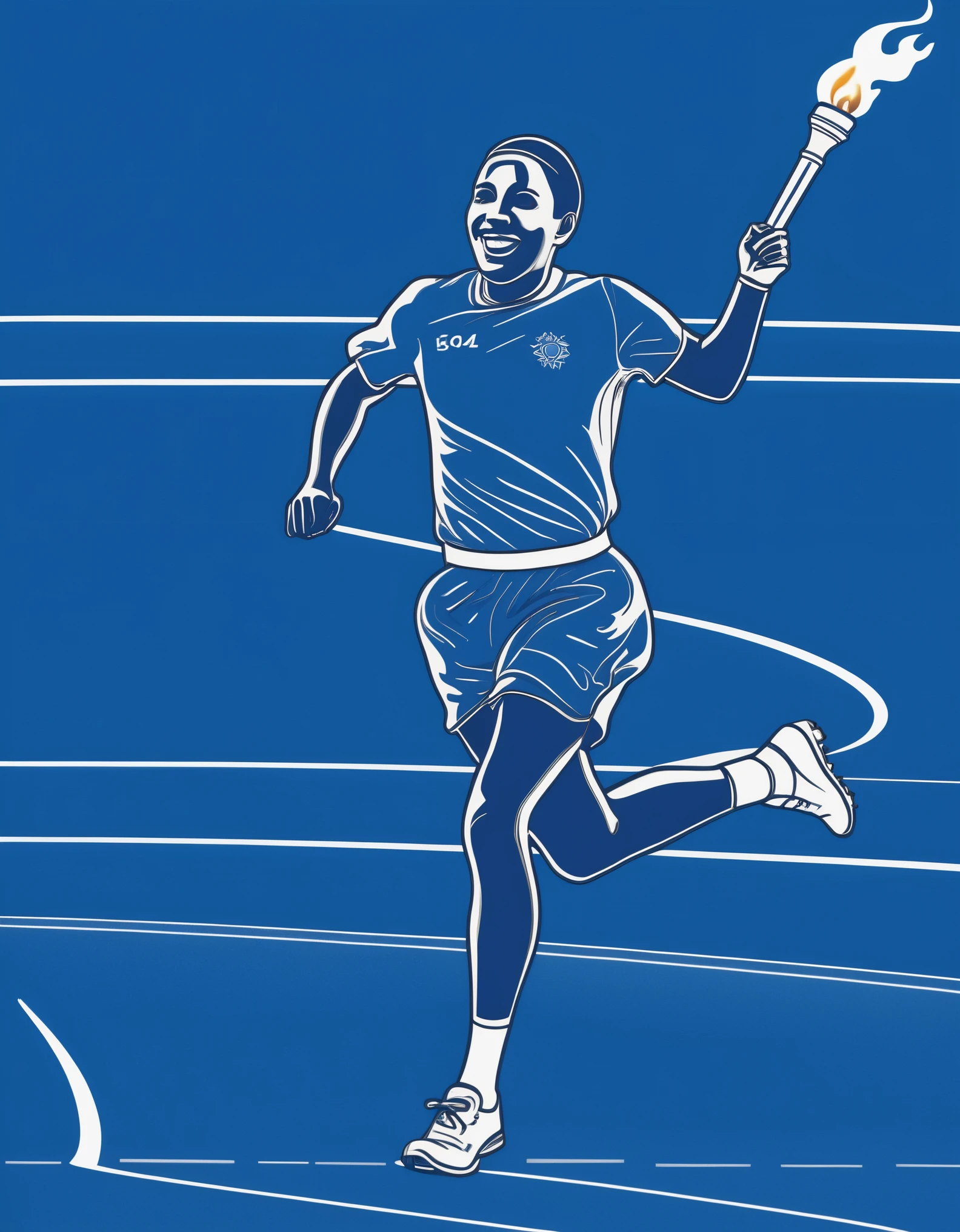 ((Stamp design))，Blue line drawing，Line Art，Blue pen drawing，2024 Paris Olympics，A person wearing an Olympic Games uniform holding a torch and running on the track, smiling and facing the camera，Panorama close-up，Best quality，Best Work of the Year，