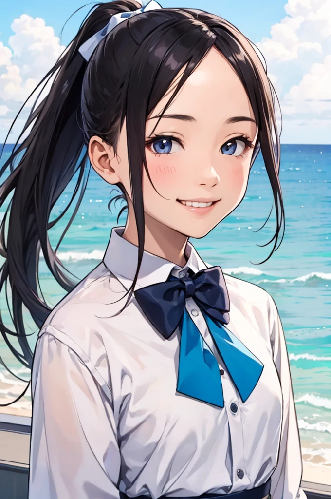 (1 girl, alone, Japanese Girls), 13 years old,Highest quality, 8k, High resolution, Very detailed, (Portraiture), Remember, Black Hair, ponytail, Glowing Skin, Flat Chest, smile, (Middle school students:1.5, uniform, White collared shirt, bow tie,), summer, blue sky, thunder head, Ocean,
