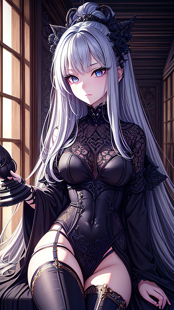 ((best quality)), ((masterpiece)), (detailed), une fille, visage parfait, Longhaire, ((golden hair)), curly hair, decorated cheveux, ultramarine blue eyes,  ((((Reclusive shogaatal, best characteristic, ultrahigh resolution)))), 1woman, calm, sitting, (long, wavy black hair, temples shaved), bearing dark purple eyes reflected like rain in still pools, figured  yet agile, ((detailed black robes and thigh-high boots:1)), in a dimly lit, mysterious room with an ornate, dark crystal orb in the foreground, Secret Love-bohemain connecting her past and her desires, thoughtful posture, facing viewer, carrying a mysterious, wooden staff with elegantly distressed leather detailing, tiny exalted tears revealed near the temples like beads, an ageless elegance resting beneath her demeanor, stark, fine traced shadows revealing chiseled facial features, ((plain ornaments:1, deep purple shading:0.9, detailed costume joints:1.0)), centred, half body, side angle with one leg slightly raised, artistic noir lighting, dark, moody background emanating figures cloaked in shadow, full facial expression, older, prophetic, (( precisely drawn outlines:0.95, unique facial expression:0.9, contrast within dark ténts: 0.8))