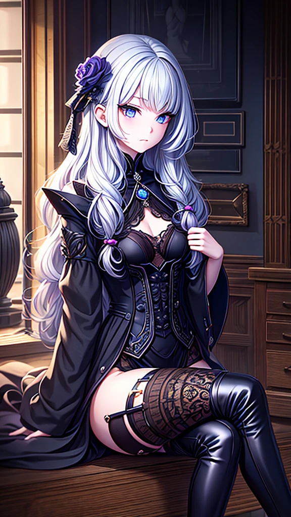 ((best quality)), ((masterpiece)), (detailed), une fille, visage parfait, Longhaire, ((golden hair)), curly hair, decorated cheveux, ultramarine blue eyes,  ((((Reclusive shogaatal, best characteristic, ultrahigh resolution)))), 1woman, calm, sitting, (long, wavy black hair, temples shaved), bearing dark purple eyes reflected like rain in still pools, figured  yet agile, ((detailed black robes and thigh-high boots:1)), in a dimly lit, mysterious room with an ornate, dark crystal orb in the foreground, Secret Love-bohemain connecting her past and her desires, thoughtful posture, facing viewer, carrying a mysterious, wooden staff with elegantly distressed leather detailing, tiny exalted tears revealed near the temples like beads, an ageless elegance resting beneath her demeanor, stark, fine traced shadows revealing chiseled facial features, ((plain ornaments:1, deep purple shading:0.9, detailed costume joints:1.0)), centred, half body, side angle with one leg slightly raised, artistic noir lighting, dark, moody background emanating figures cloaked in shadow, full facial expression, older, prophetic, (( precisely drawn outlines:0.95, unique facial expression:0.9, contrast within dark ténts: 0.8))