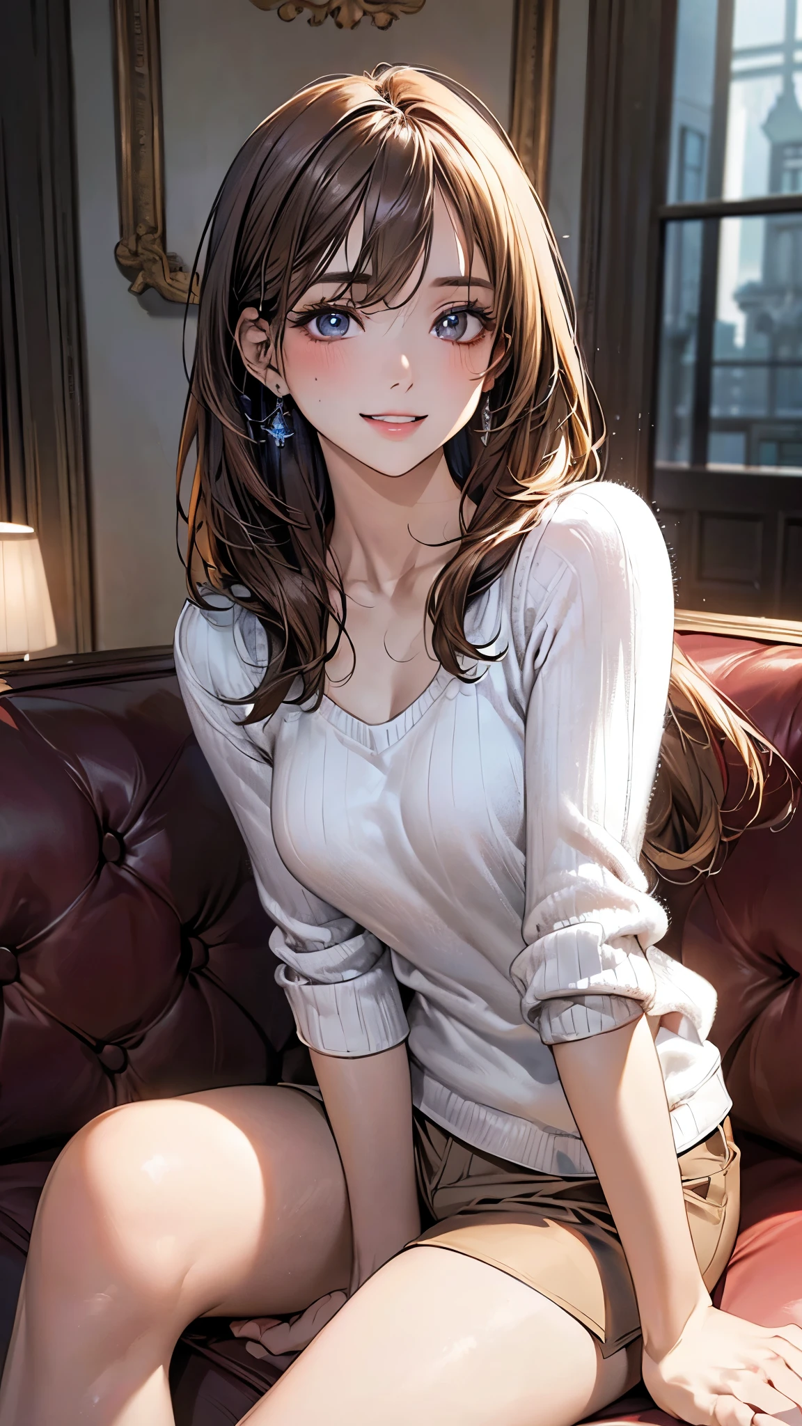 (masterpiece:1.2, top-quality), (realistic, photorealistic:1.4), beautiful illustration, (natural side lighting, movie lighting), depth of fields, (photograph), 
beautiful detailed hair, beautiful detailed face, beautiful detailed eyes, beautiful clavicle, beautiful body, beautiful chest, beautiful thigh, beautiful legs, beautiful fingers, 
looking at viewer, 1 girl, 19 years old, (perfect anatomy, anatomically correct, super detailed skin), perfect face, parfect eyes, cute and symmetrical face, babyface, 
(middle hair, straight hair, light brown hair), swept bangs, blue eyes, slant eyes, big eyes, long eye lasher, (medium breasts, seductive thighs), slender, white skin, shiny skin, 
(middle sleeve white sweater, light brown tailored shorts), clavicle, 
(beautiful scenery), evening, (living room:1.2,), , (sitting blue sofa), (lovery smile, upper eyes, parted lips), 