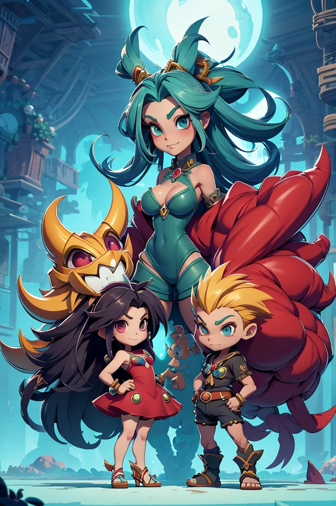 arvore estilo rayman legends, character estilo art rayman legends, girl and boy, corpo inteiro, ESTILO VIKING, acessórios gigantes,giant monster, big breats,Little bunny, (shorts),big breast, , sensuality, red dress