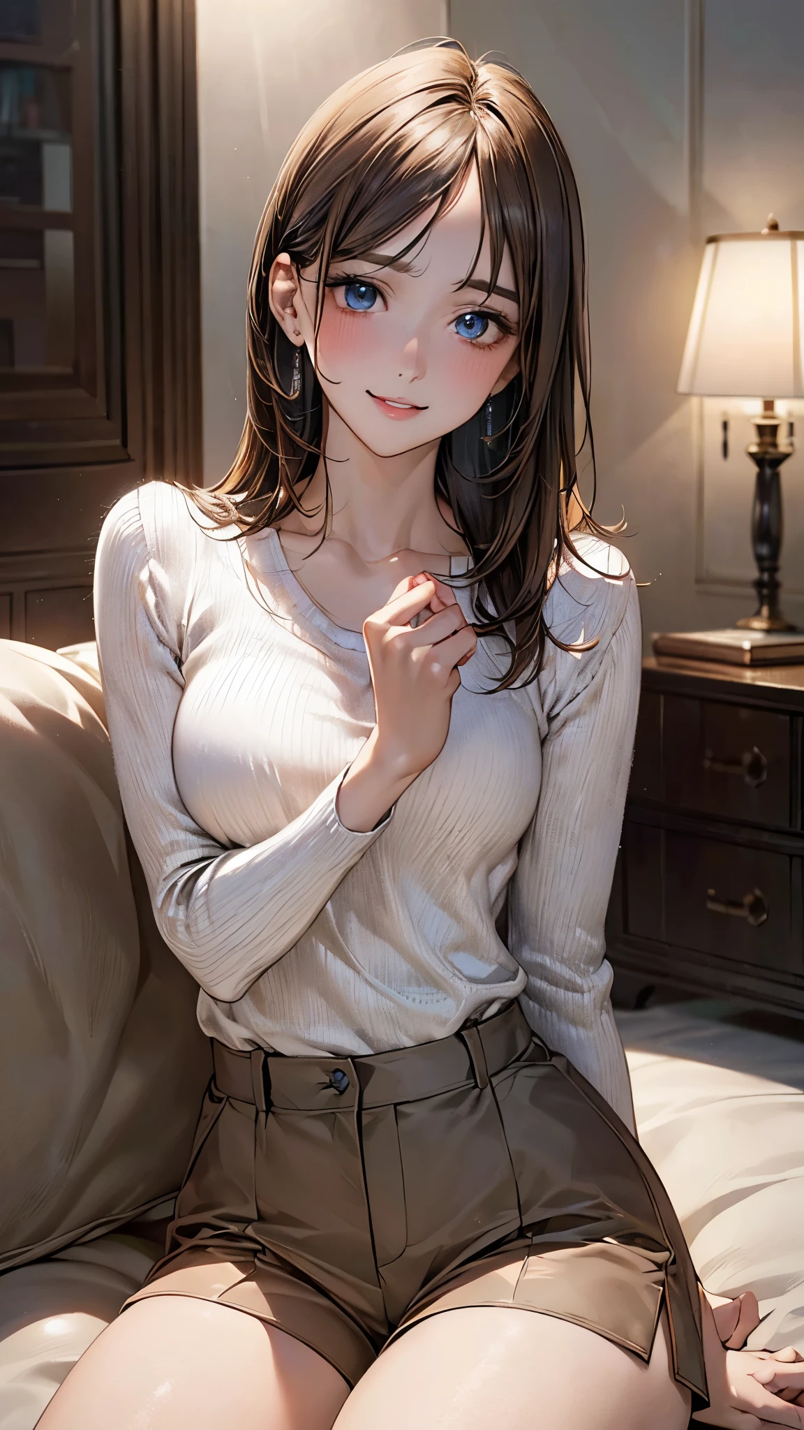 (masterpiece:1.2, top-quality), (realistic, photorealistic:1.4), beautiful illustration, (natural side lighting, movie lighting), depth of fields, (photograph),
beautiful detailed hair, beautiful detailed face, beautiful detailed eyes, beautiful clavicle, beautiful body, beautiful chest, beautiful thigh, beautiful legs, beautiful fingers,
looking at viewer, 1 girl, 19 years old, (perfect anatomy, anatomically correct, super detailed skin), perfect face, parfect eyes, cute and symmetrical face, babyface,
(middle hair, straight hair, light brown hair), swept bangs, blue eyes, slant eyes, big eyes, long eye lasher, (medium breasts, seductive thighs), slender, white skin, shiny skin,
(middle sleeve white sweater, light brown tailored shorts), clavicle,
(beautiful scenery), evening, (living room:1.2,), , (sitting blue sofa), (lovery smile, upper eyes, parted lips),