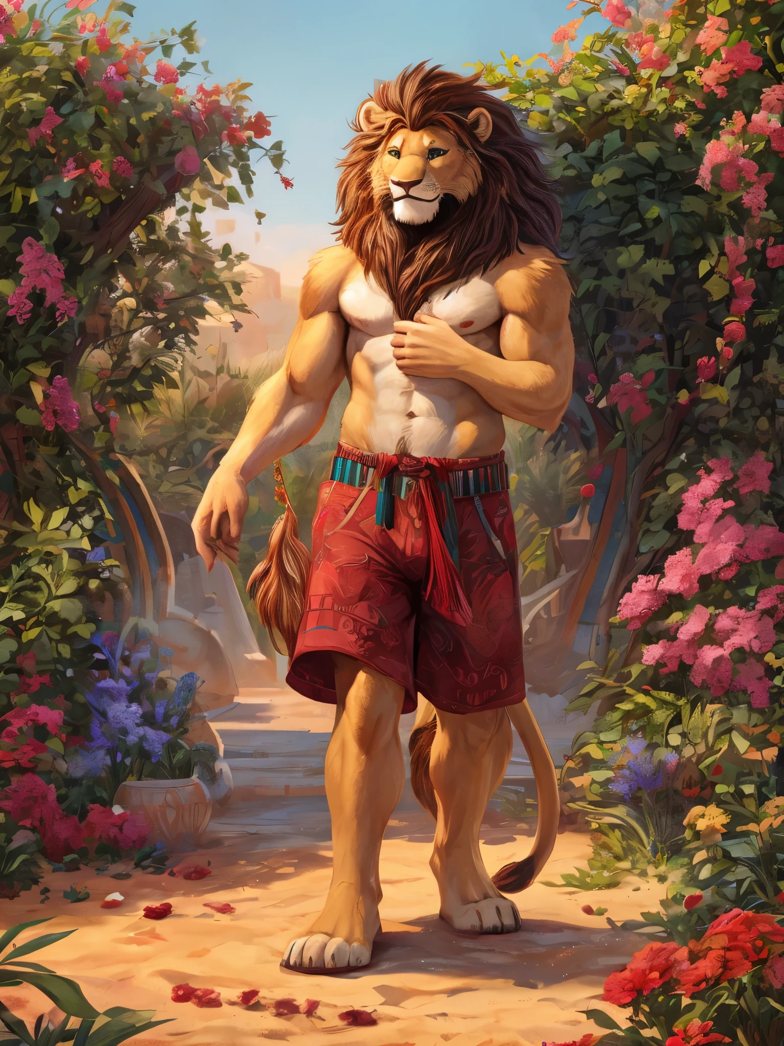 correctly eyes, clotheless, wearing shorts, lion, detailed fur, full body, looks cute, sexy eyes, devot, good morning pose, cute pose, shows his paws, 1guy, male, fluffy fur, best quality, masterpiece, detailed, highres, top quality, best quality, a wide field of flowers in the background, 1tail, at an oasis in the desert
