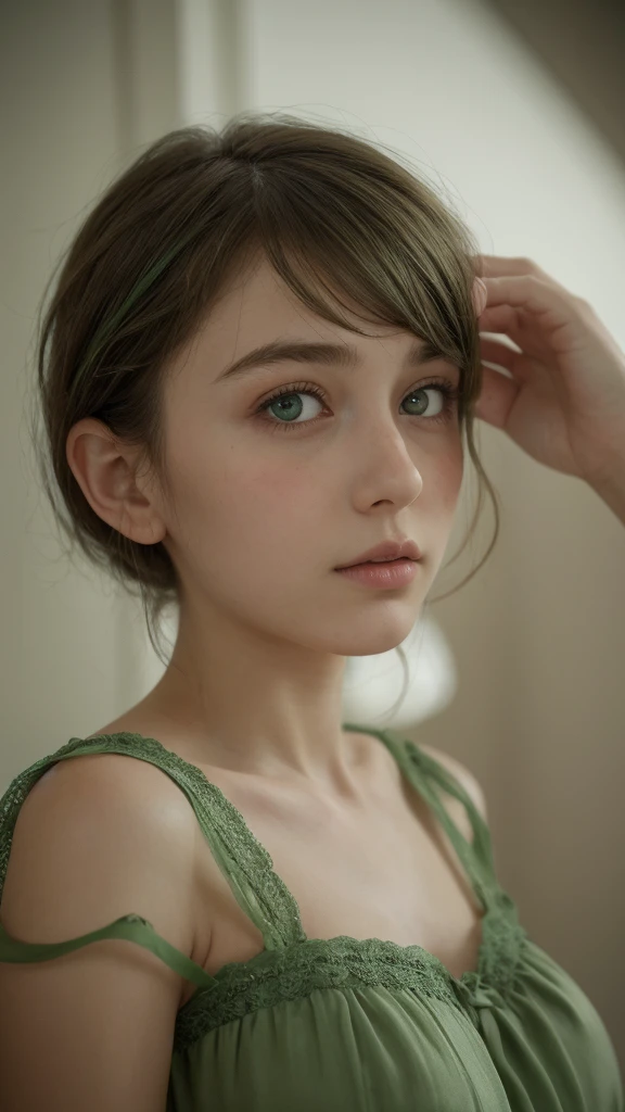a girl.  Europe.  Extremely detailed face.  Oval face.  delicate facial features.  long face.  charming.  gentle sad eyes.  short messy hair.  green hair.  green eyes.  Sad.  shy.  green silk nightgown