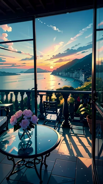 Balcony, terrace, balcony, Embankment, Huge, Potted plants, Flowers in a vase, Figures, Rocking Chair, bird, Sleeping kitten, Luxurious and comfortable interior, creative workshop, Decoration, Cozy artist's workshop, easel, Color Palette, acrylic coating, Painting, Large windows, Loggia, art, Awards, table, sofa, armchairs, mirror, crystallization, meditation, Harmony, There are many books hanging on the wall, View from the window, Ocean, Mountain々, Amazing sunset, flower arrangement, coating, brush, artist's theme, elegant, Dynamic bright lighting, happiness, Full Color, Multicolor, artificial, Highest detail, Great quality, The finer details, highlight, Neon Light, masterpiece, Best Color