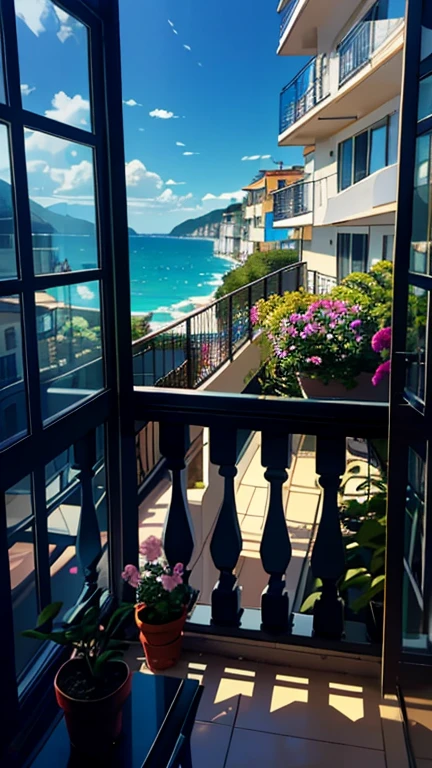 Balcony, terrace, balcony, Embankment, Huge, Potted plants, Flowers in a vase, Figures, Rocking Chair, bird, Sleeping kitten, Luxurious and comfortable interior, creative workshop, Decoration, Cozy artist's workshop, easel, Color Palette, acrylic coating, Painting, Large windows, Loggia, art, Awards, table, sofa, armchairs, mirror, crystallization, meditation, Harmony, There are many books hanging on the wall, View from the window, Ocean, Mountain々, Amazing sunset, flower arrangement, coating, brush, artist's theme, elegant, Dynamic bright lighting, happiness, Full Color, Multicolor, artificial, Highest detail, Great quality, The finer details, highlight, Neon Light, masterpiece, Best Color