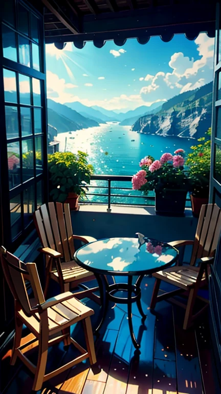 Balcony, terrace, balcony, Embankment, Huge, Potted plants, Flowers in a vase, Figures, Rocking Chair, bird, Sleeping kitten, Luxurious and comfortable interior, creative workshop, Decoration, Cozy artist's workshop, easel, Color Palette, acrylic coating, Painting, Large windows, Loggia, art, Awards, table, sofa, armchairs, mirror, crystallization, meditation, Harmony, There are many books hanging on the wall, View from the window, Ocean, Mountain々, Amazing sunset, flower arrangement, coating, brush, artist's theme, elegant, Dynamic bright lighting, happiness, Full Color, Multicolor, artificial, Highest detail, Great quality, The finer details, highlight, Neon Light, masterpiece, Best Color
