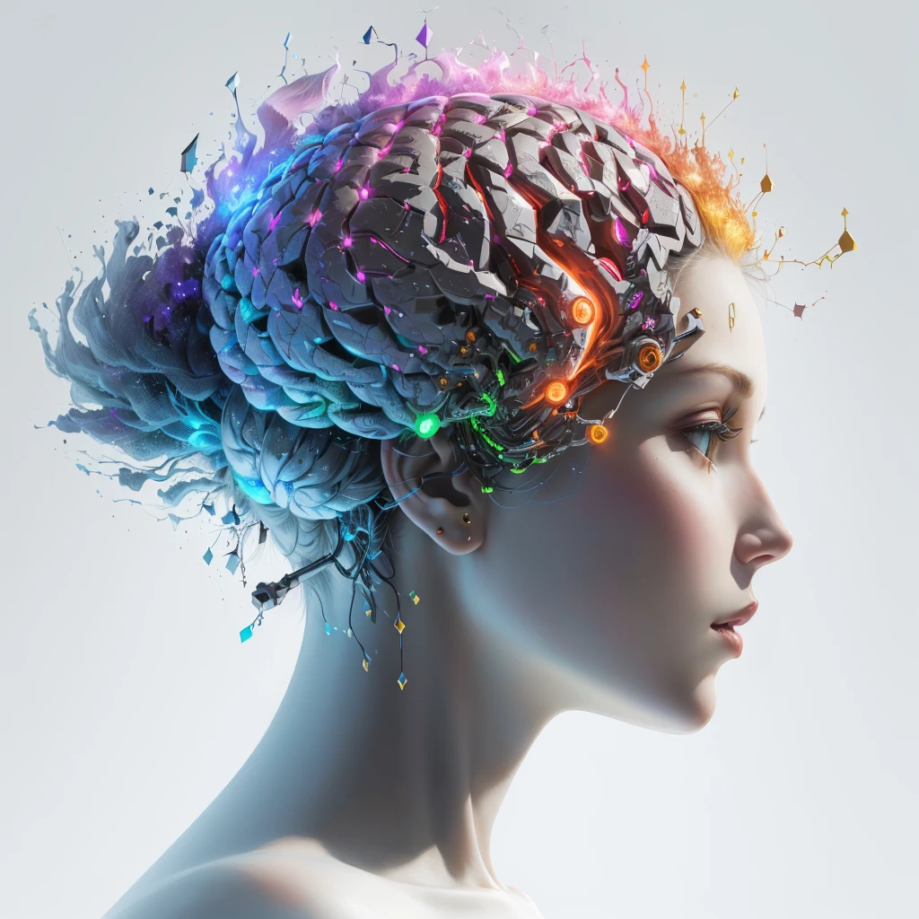 there is a woman with a colorful brain in her head, electronic brain, mental character, detailed glowing head, neuroscience, artistic illustration, female humanoid portrait, digitl art, digitl art, highly detailed vfx portrait of, visible circuit in the head, Nootropic Stimulant, synaesthesia, highly intricate in technicolor, por Adam Marczyński