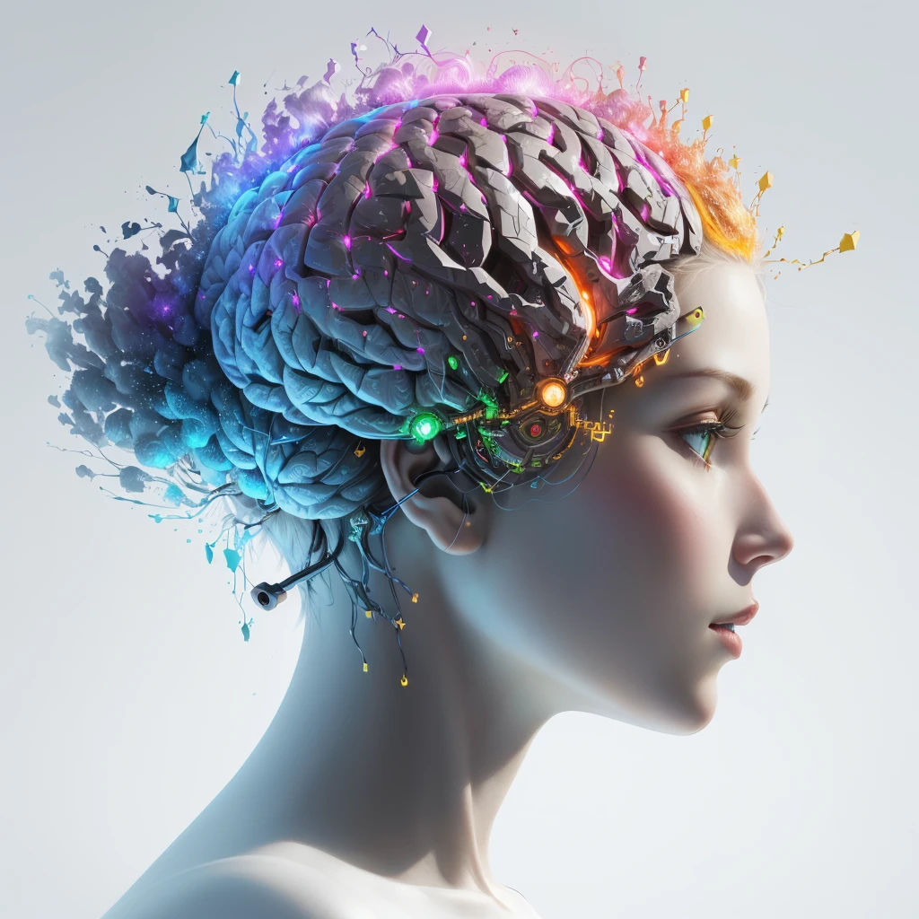 there is a woman with a colorful brain in her head, electronic brain, mental character, detailed glowing head, neuroscience, artistic illustration, female humanoid portrait, digitl art, digitl art, highly detailed vfx portrait of, visible circuit in the head, Nootropic Stimulant, synaesthesia, highly intricate in technicolor, por Adam Marczyński