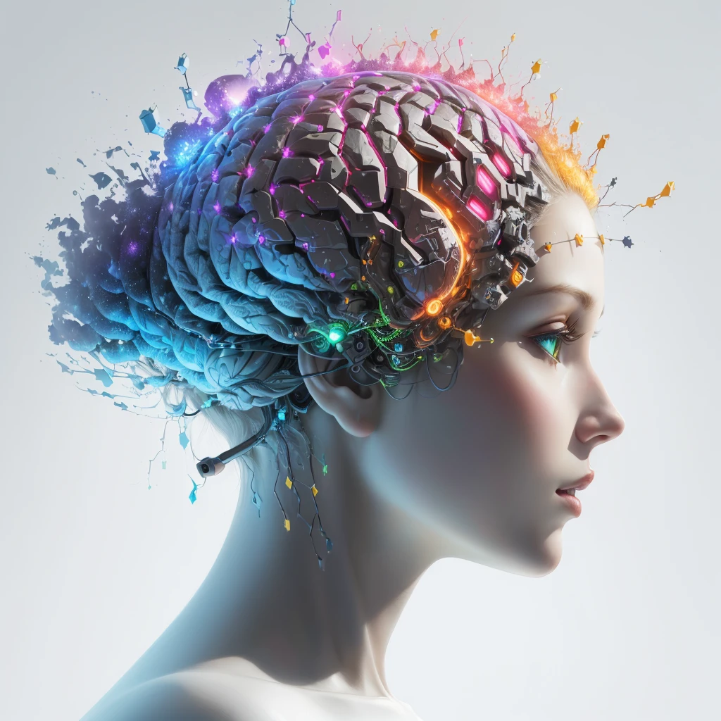 there is a woman with a colorful brain in her head, electronic brain, mental character, detailed glowing head, neuroscience, artistic illustration, female humanoid portrait, digitl art, digitl art, highly detailed vfx portrait of, visible circuit in the head, Nootropic Stimulant, synaesthesia, highly intricate in technicolor, por Adam Marczyński