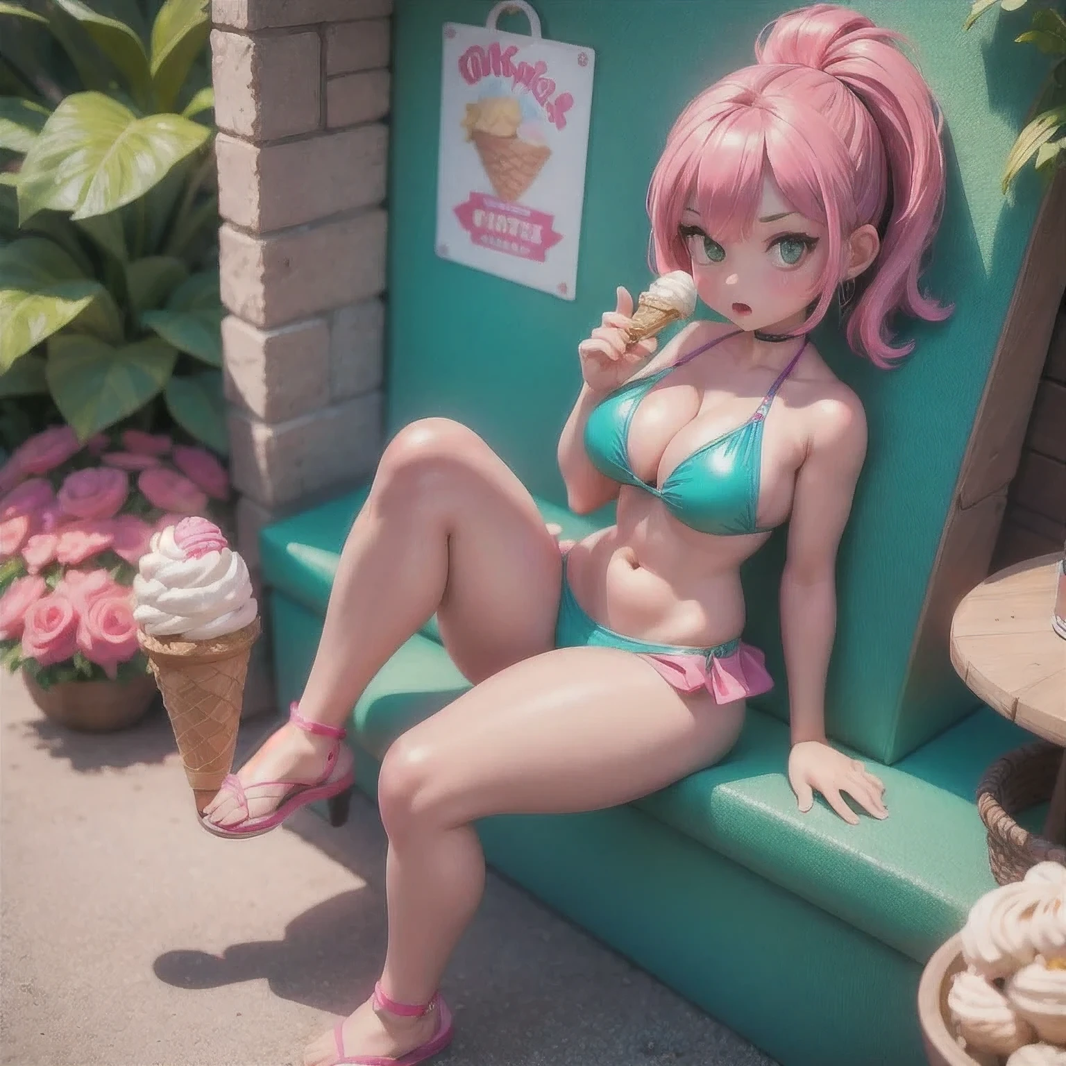 girl in a bikini eating an ice cream cone, eating ice cream, in a bikini, angela white, giorgia meloni, katy perry, in bikini, eating ice - cream, wearing spandex bikini, ice cream on the side, bikini, ice cream, wearing a bikini, candid photo of dirty, shiny plastic bikini, candid shot, cone, 1 girl, solo,in a green dress standing by a wall,portrait of female idol