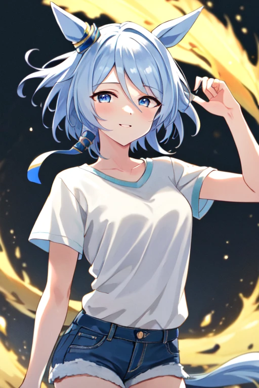 (masterpiece), highly detailed, best quality, (high resolution), 8k, 1girl, solo, k.s.miracle, umamusume, short hair, blue hair, horse ears, horse girl, horse tail, blue eyes, cinematic angle, looking at viewer, denim shorts , white T-shirt, gentle smile, eyes visible through hair, hair over left eye