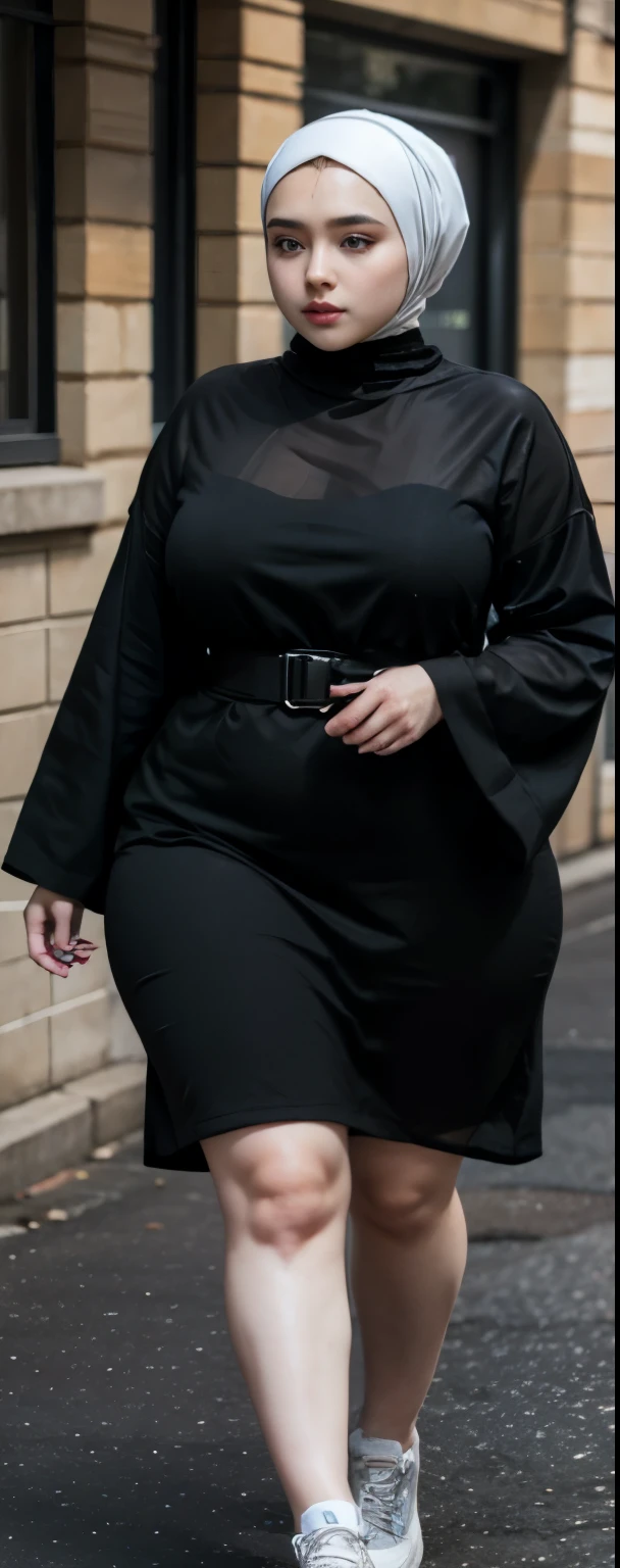Milky white skin woman in black dress and hijab walking down the street, ,  hijab outfit, ,  hijab fashion model, plus size, plus size woman, ,  woman in black robes, beautiful woman, thicc, black outfit,, bbwchan , white sneakers , Height 170 cm, beautiful woman, with a beautiful appearance, a very beautiful masterpiece, a masterpiece of art, good lighting, Bright colors, Clean lines, .