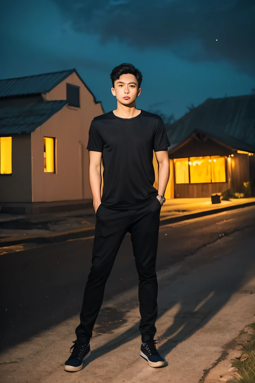 , full body of a Indonesian man standing like a model, wearing black t-shirt,long pants,with a burning house in the background,vintage house,camera digital,night sky